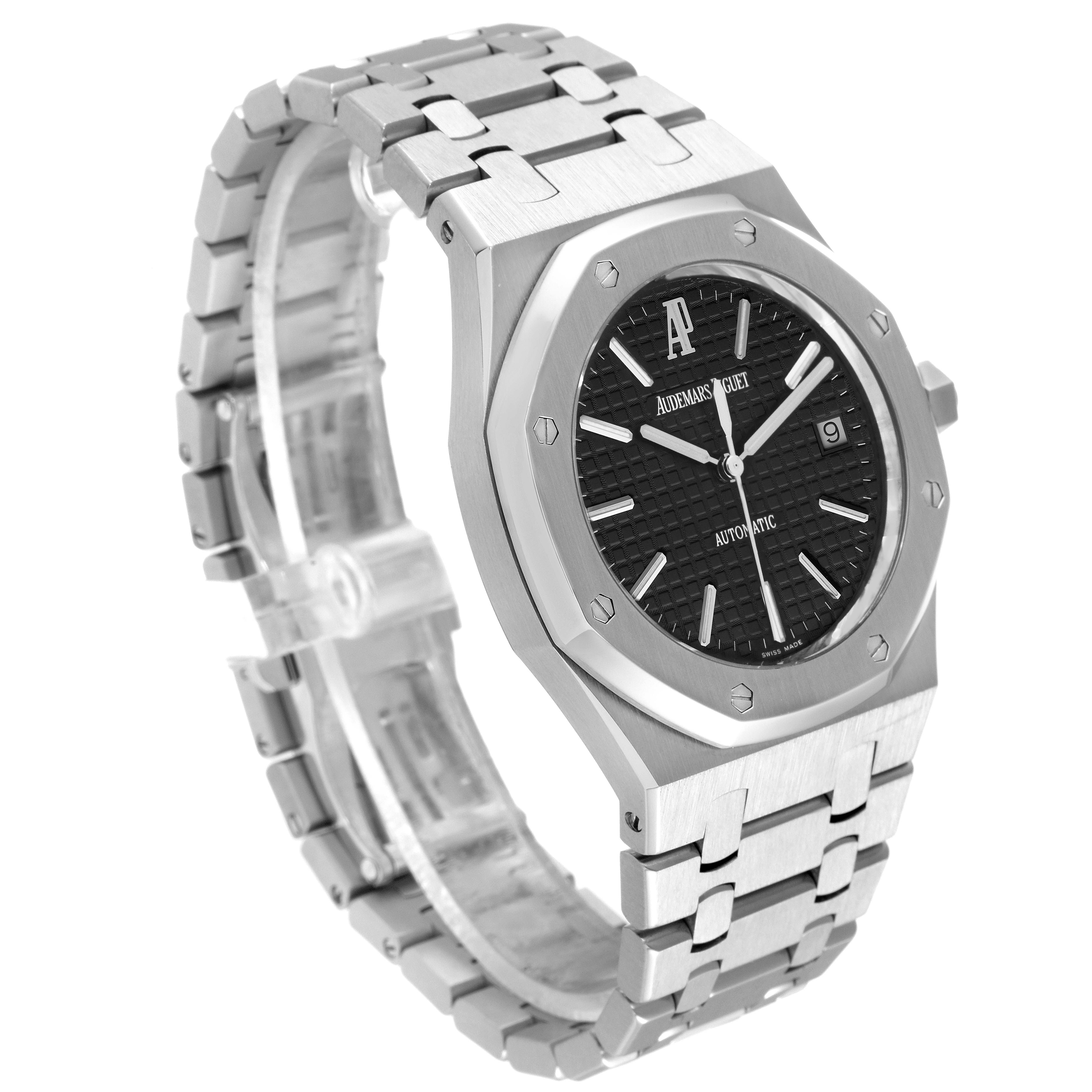The image shows a Royal Oak model by Audemars Piguet from a three-quarter angle, highlighting the watch face, case, and bracelet.