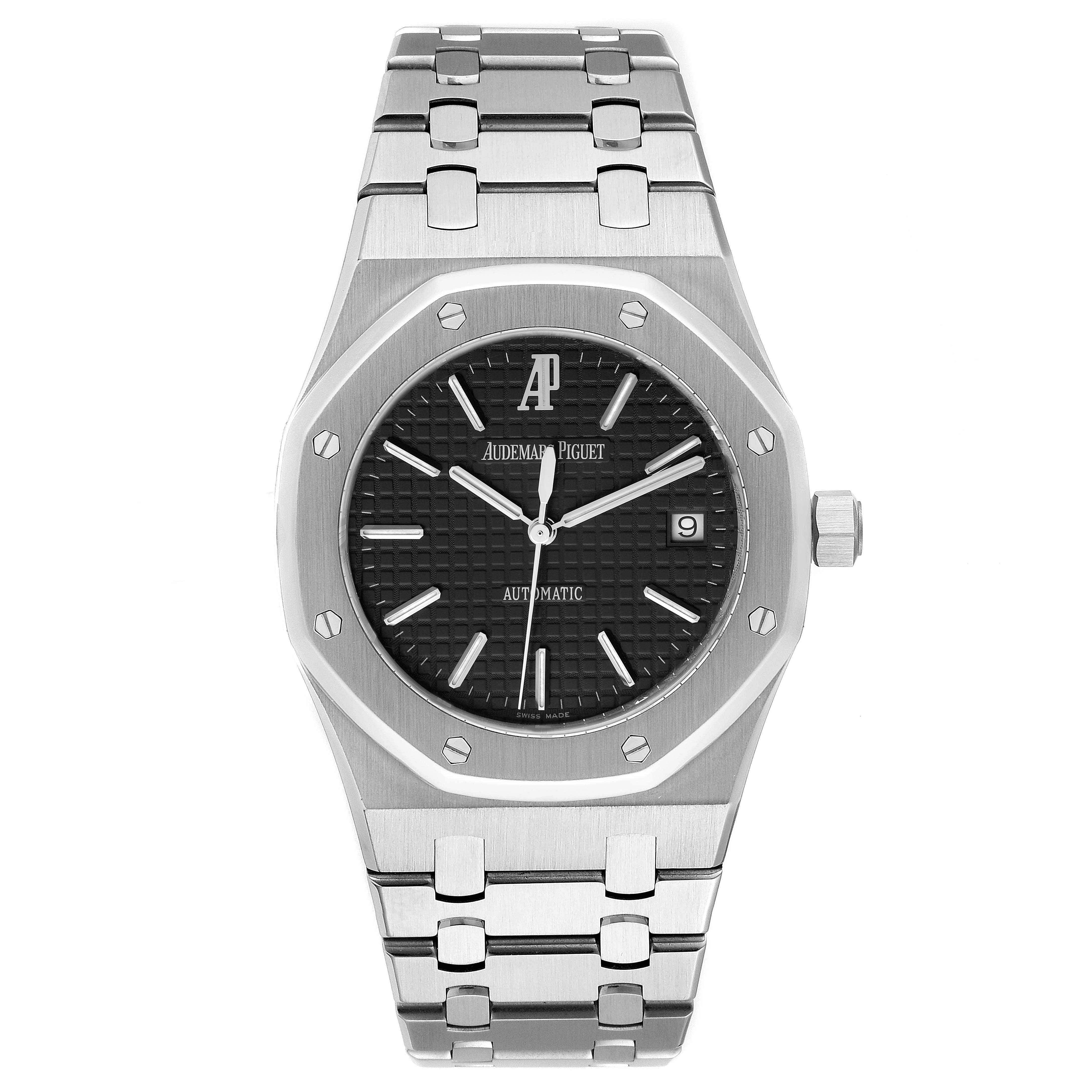 The image shows a front view of the Audemars Piguet Royal Oak 15300ST.OO.1220ST.03 Men's Stainless Steel Black Dial 15300ST.OO.1220ST.03 Men's Stainless Steel Black Dial watch, including the dial, bezel, bracelet, hands, and crown.