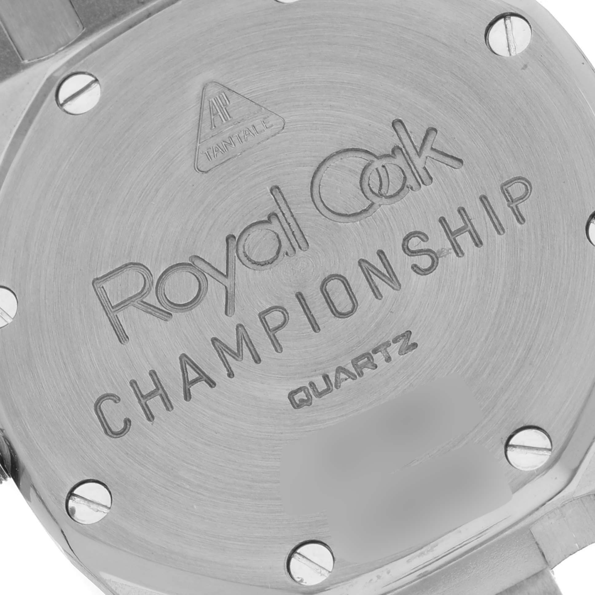 The image shows the case back of an Audemars Piguet Royal Oak 56175TT Men's Stainless Steel Grey Dial 56175TT Men's Stainless Steel Grey Dial Championship Quartz watch from a direct angle.