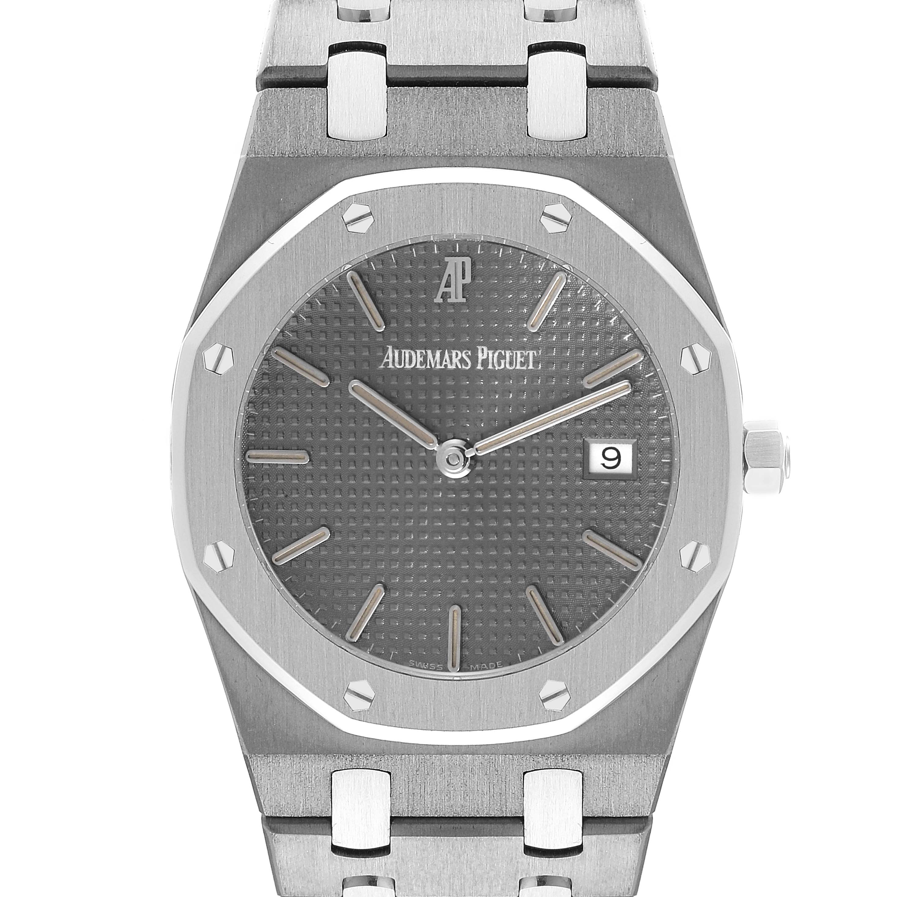 This image shows a front view of the Audemars Piguet Royal Oak 56175TT Men's Stainless Steel Grey Dial 56175TT Men's Stainless Steel Grey Dial watch including its dial, case, bezel, and part of the bracelet.