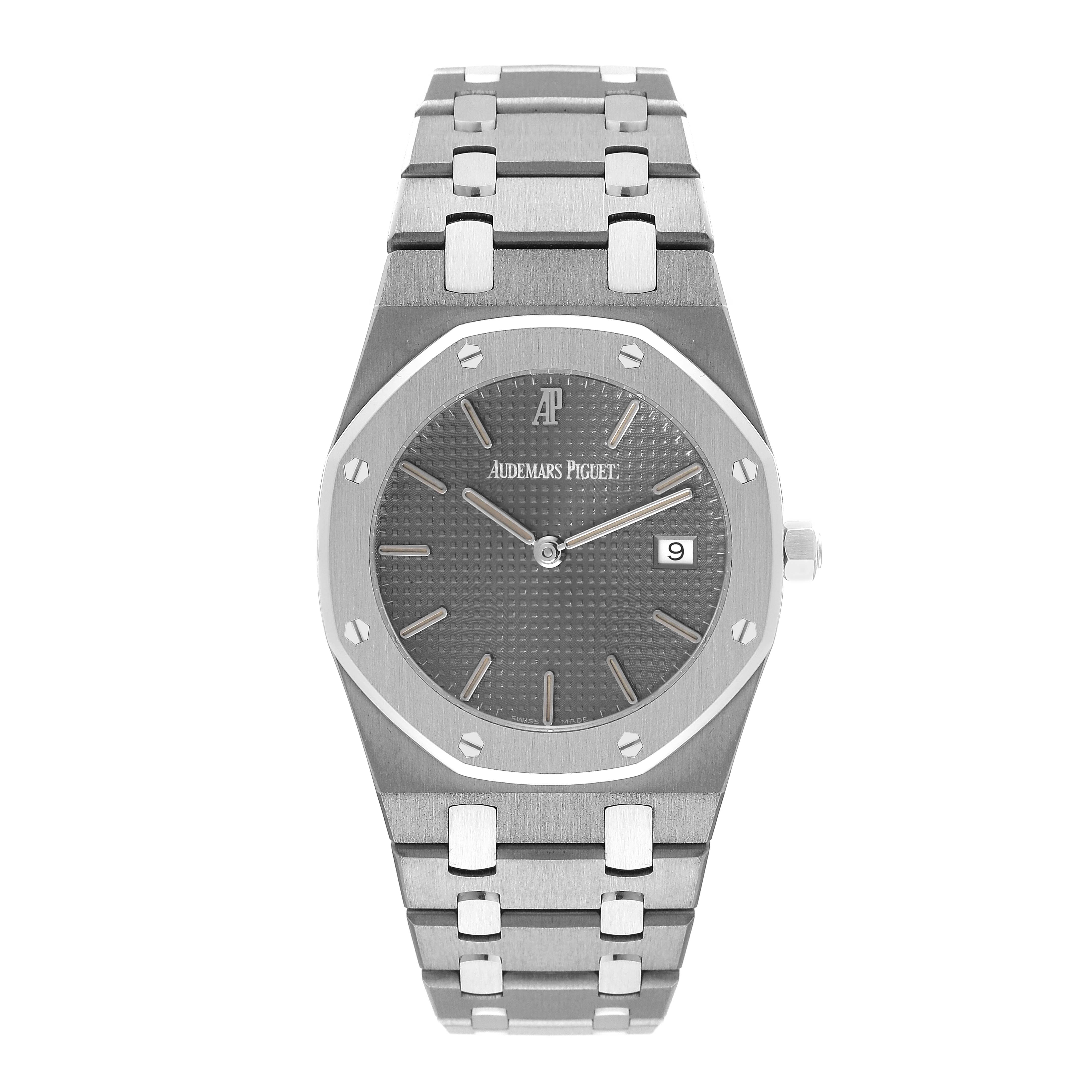 This Audemars Piguet Royal Oak 56175TT Men's Stainless Steel Grey Dial 56175TT Men's Stainless Steel Grey Dial watch is shown from the front angle, highlighting the face, bracelet, and crown.