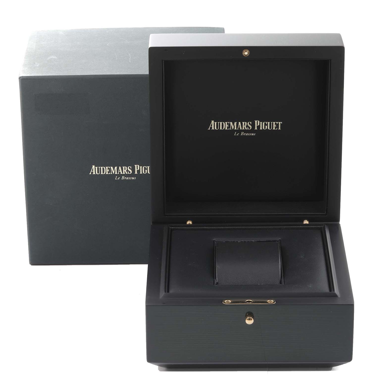 The image shows an open Audemars Piguet Royal Oak Offshore 25721ST.OO.1000ST.01 Men's Stainless Steel Blue Dial 25721ST.OO.1000ST.01 Men's Stainless Steel Blue Dial watch box with the brand name displayed inside the lid.