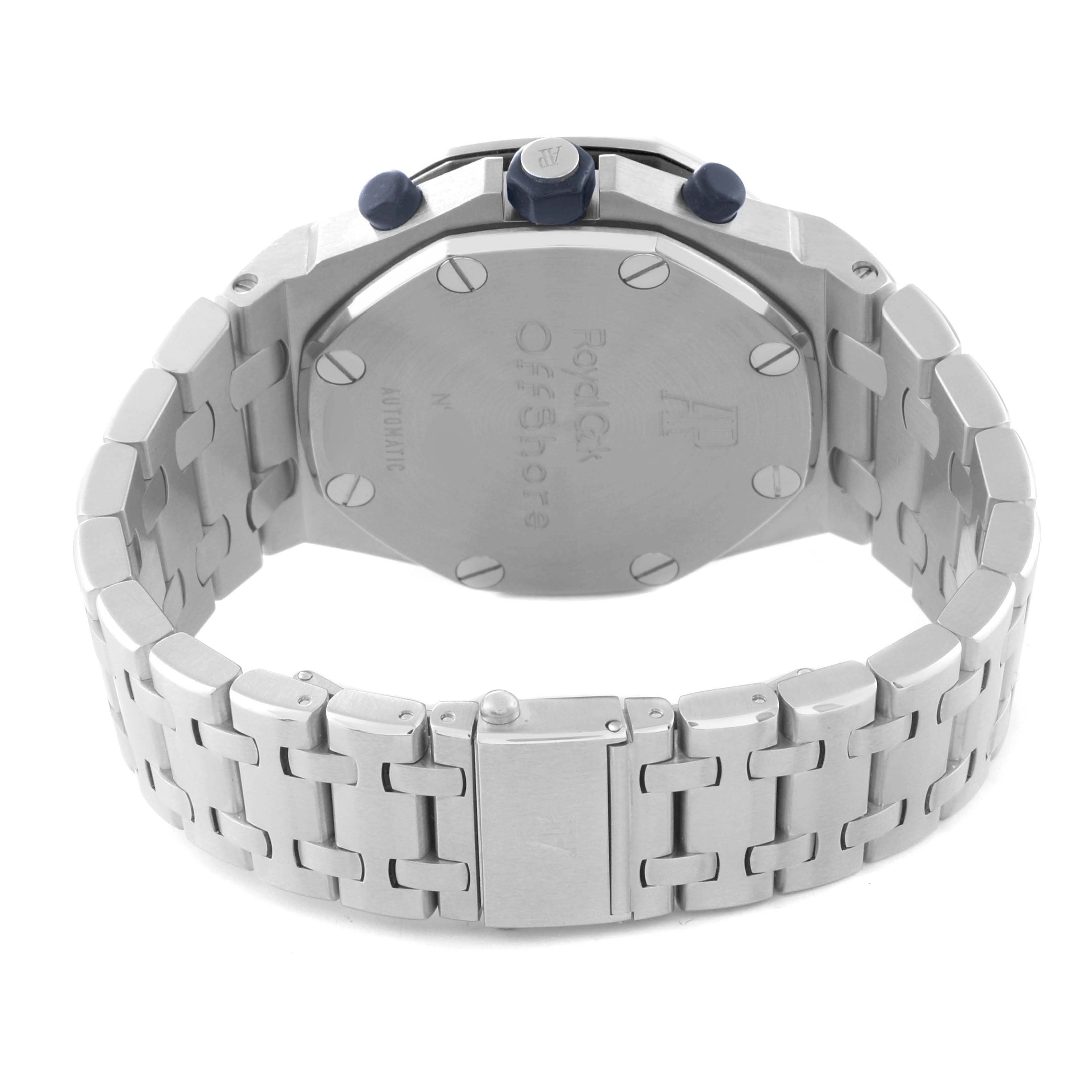The image shows the back view of the Audemars Piguet Royal Oak Offshore 25721ST.OO.1000ST.01 Men's Stainless Steel Blue Dial 25721ST.OO.1000ST.01 Men's Stainless Steel Blue Dial watch, displaying the case back and stainless steel bracelet.
