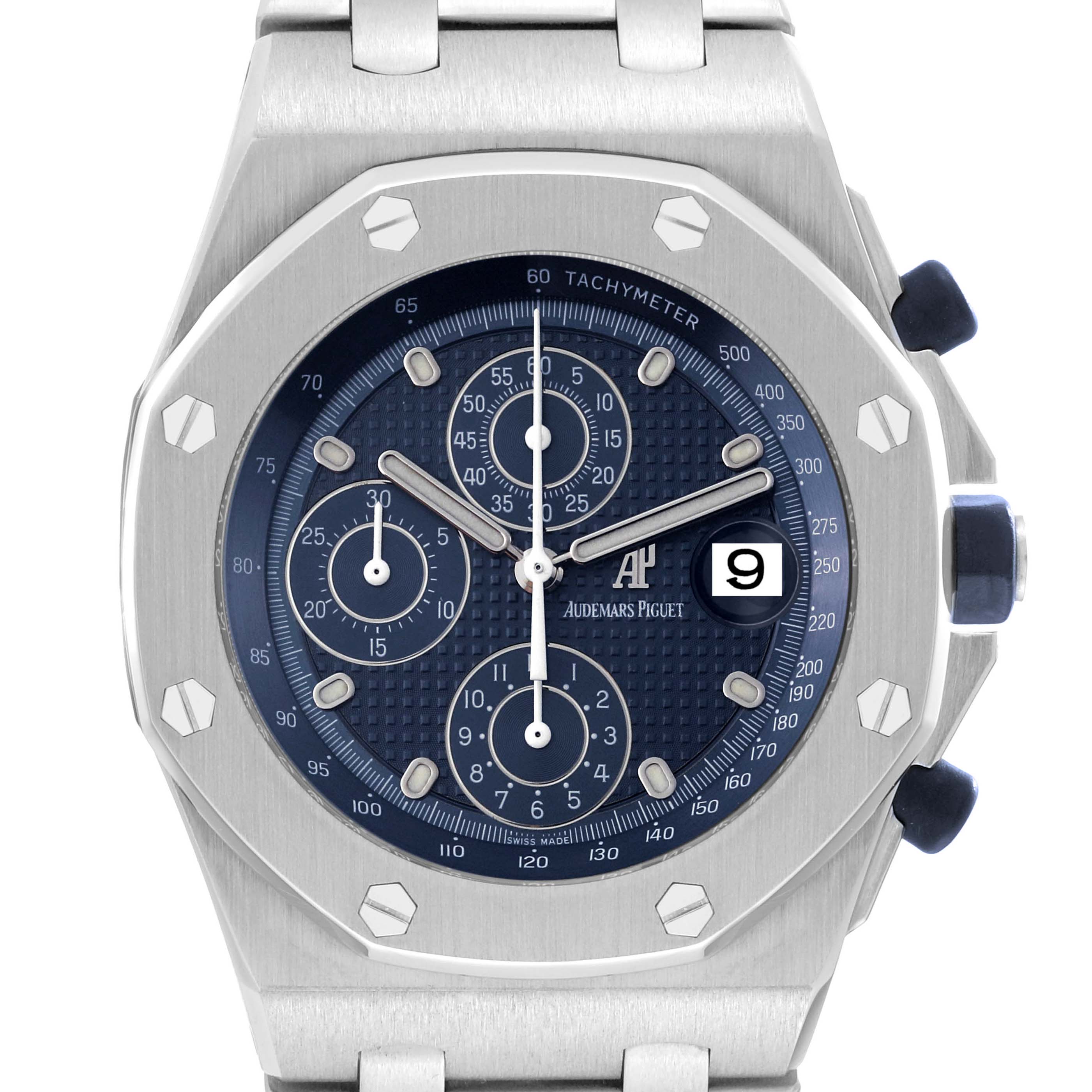 The image shows a front view of the Audemars Piguet Royal Oak Offshore 25721ST.OO.1000ST.01 Men's Stainless Steel Blue Dial 25721ST.OO.1000ST.01 Men's Stainless Steel Blue Dial watch displaying its face, bezel, and pushers.