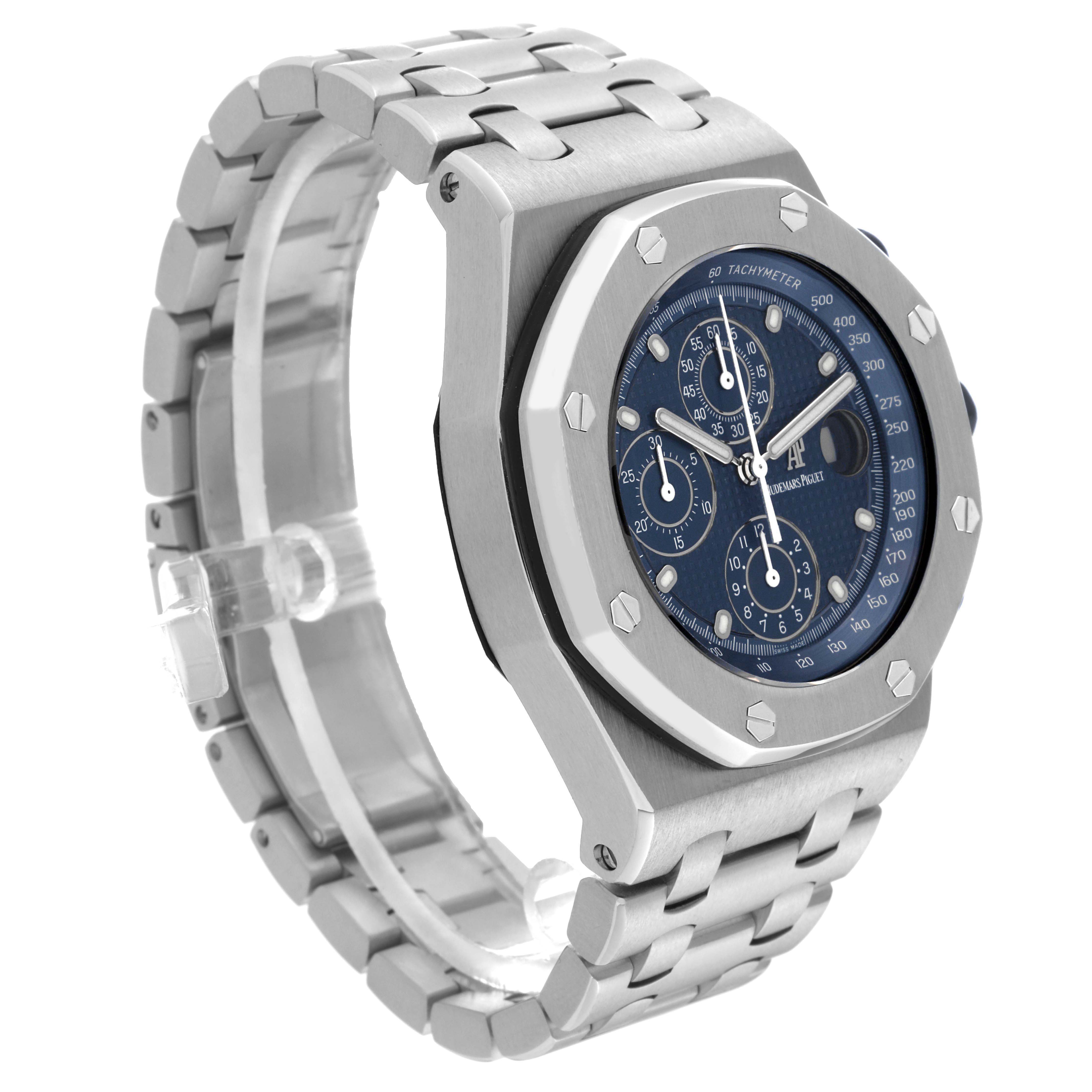 The Audemars Piguet Royal Oak Offshore 25721ST.OO.1000ST.01 Men's Stainless Steel Blue Dial 25721ST.OO.1000ST.01 Men's Stainless Steel Blue Dial watch is shown at a three-quarter angle, displaying the face, bezel, and bracelet.