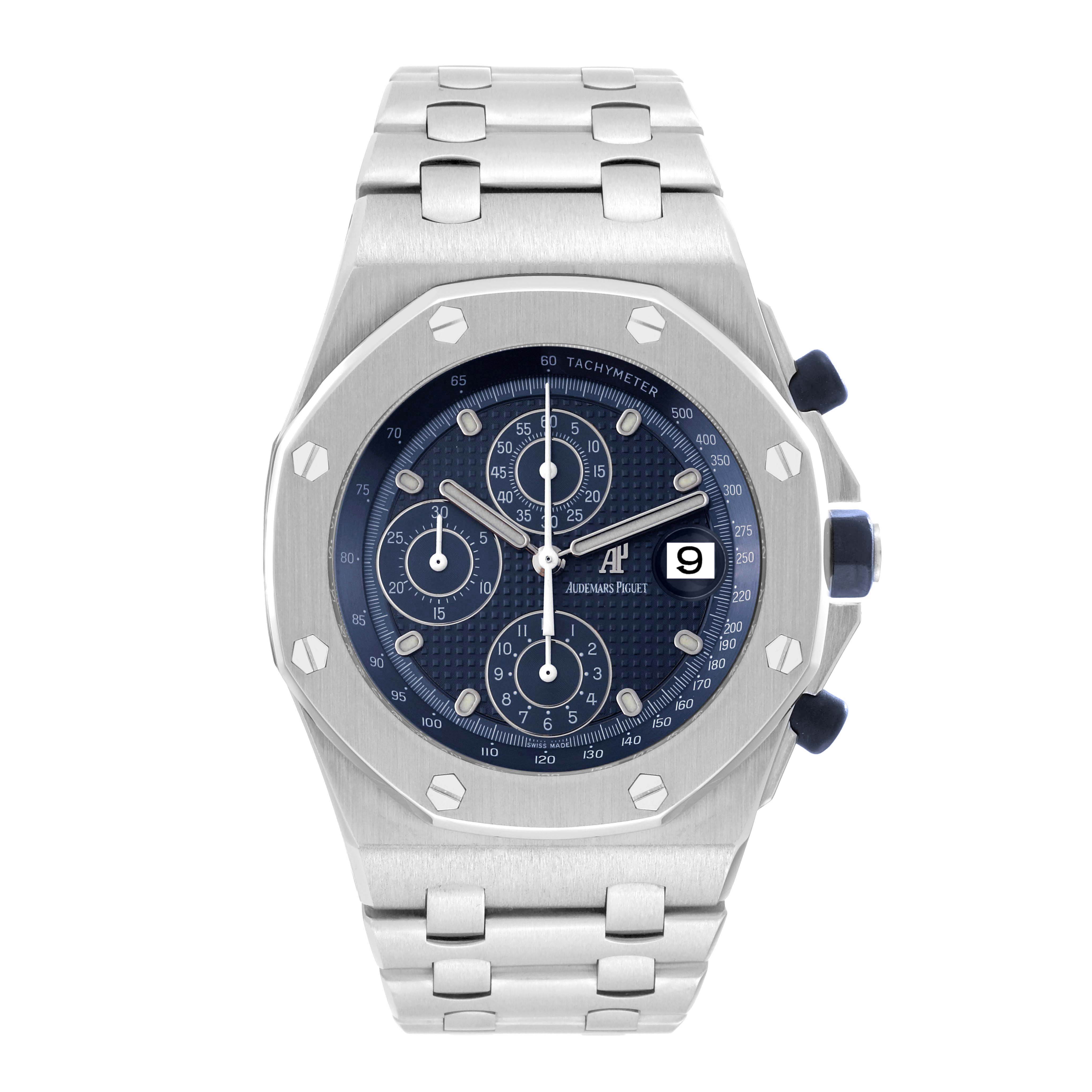 The image shows a front view of the Audemars Piguet Royal Oak Offshore 25721ST.OO.1000ST.01 Men's Stainless Steel Blue Dial 25721ST.OO.1000ST.01 Men's Stainless Steel Blue Dial watch, displaying its dial, bezel, and bracelet.