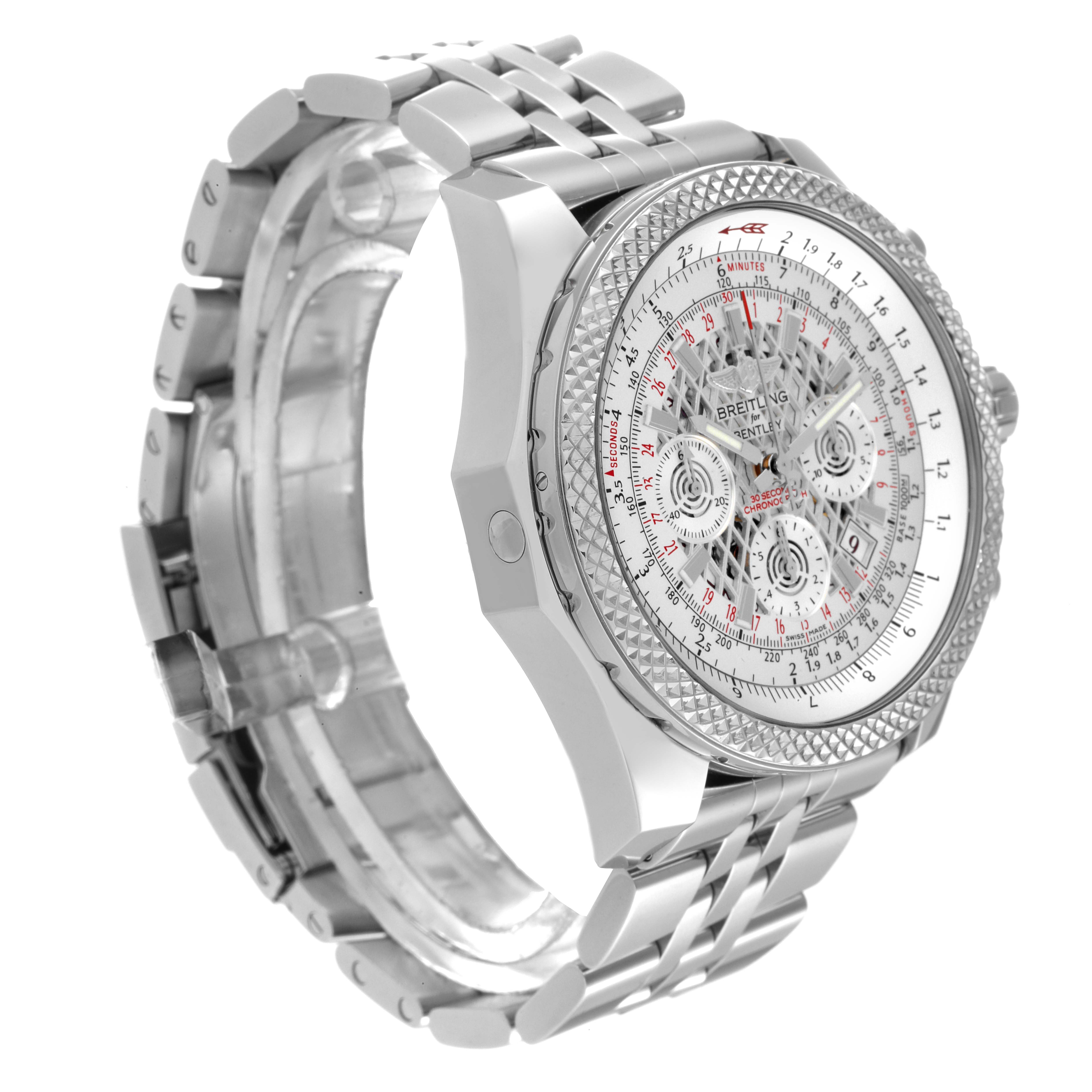 This image shows a Breitling Bentley AB061112/G768 Men's Stainless Steel Silver Dial AB061112/G768 Men's Stainless Steel Silver Dial model watch from an angled side view, highlighting the face and bracelet.