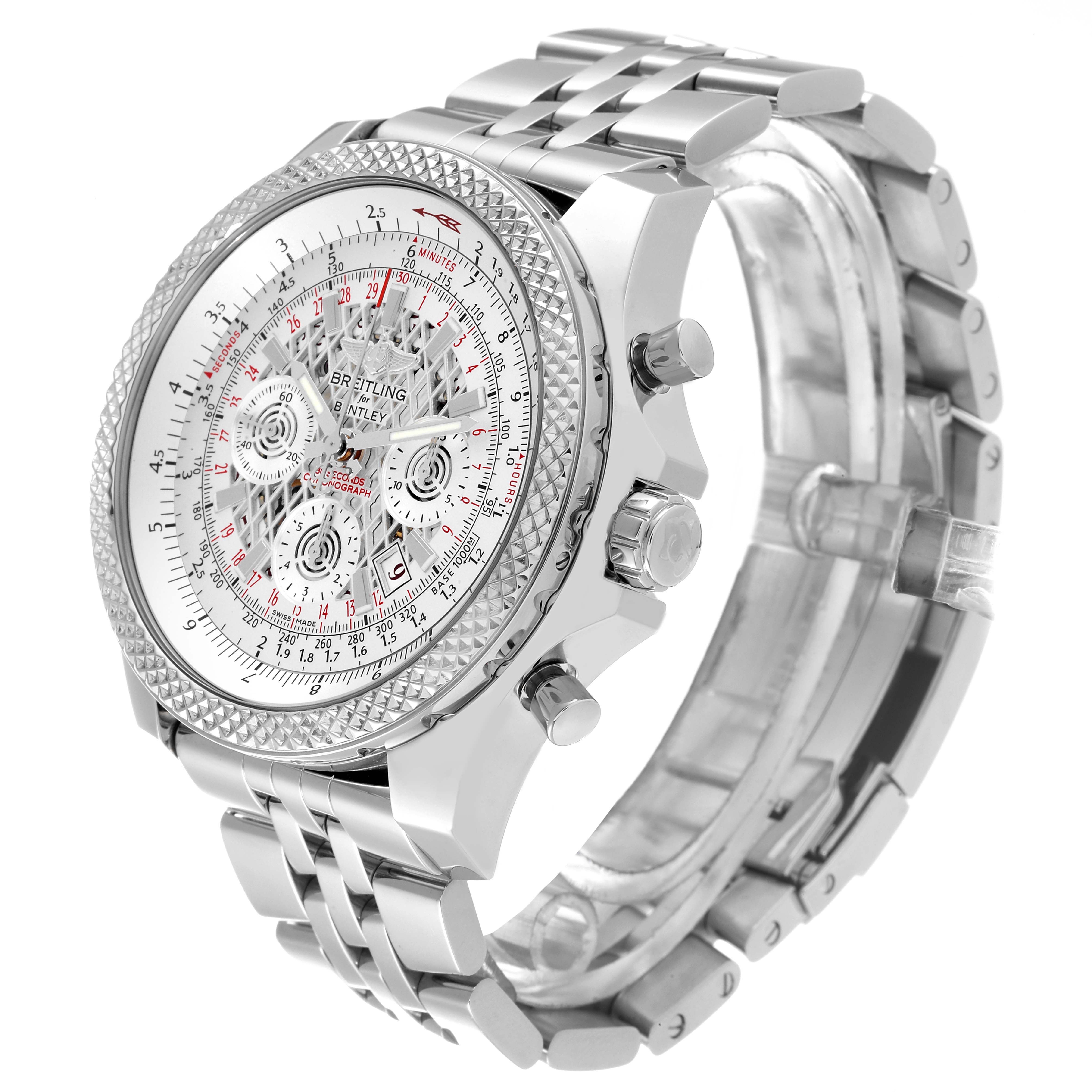 This image shows a Breitling Bentley AB061112/G768 Men's Stainless Steel Silver Dial AB061112/G768 Men's Stainless Steel Silver Dial watch from a three-quarter angle, highlighting the dial, bezel, and bracelet.