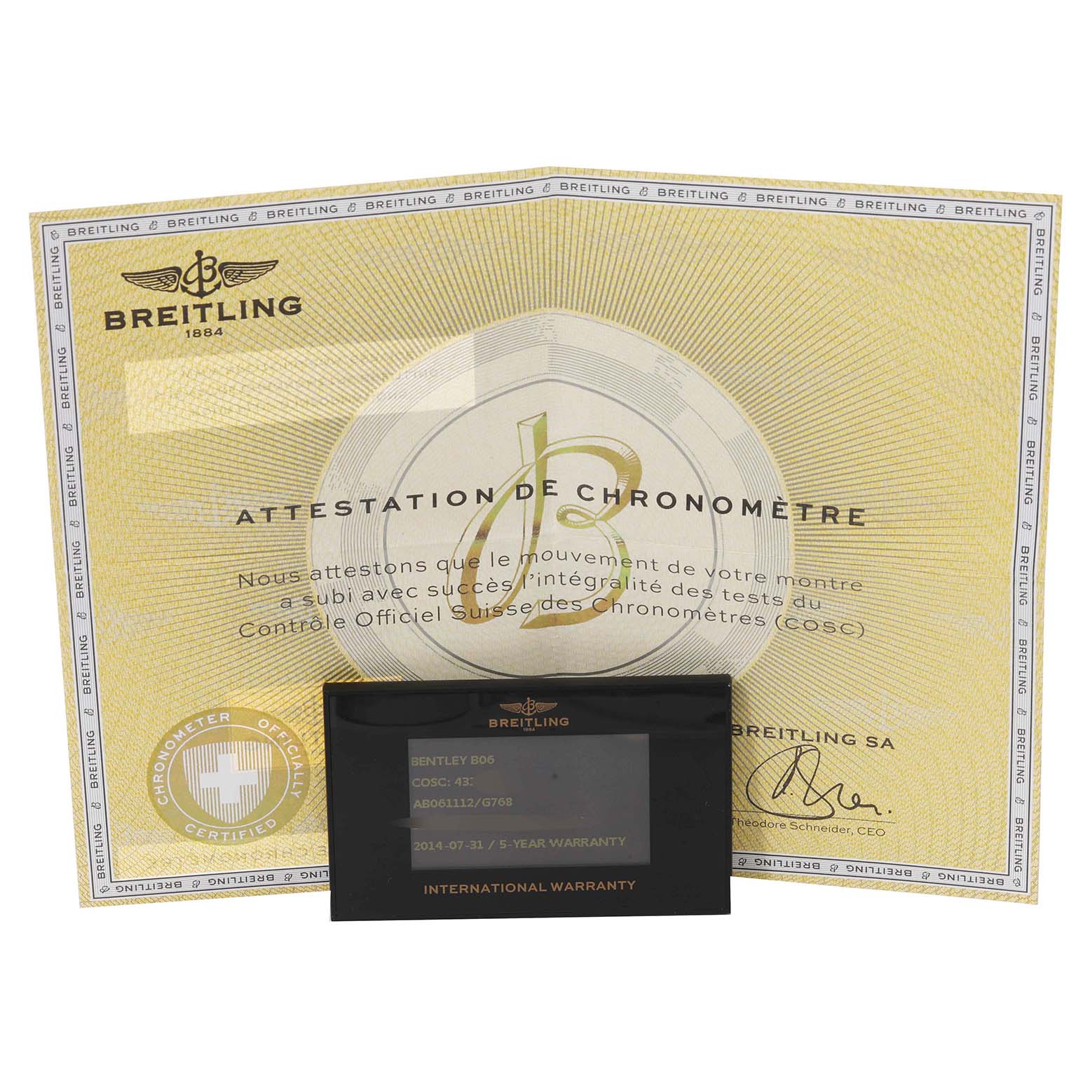 The image shows the certification and warranty card for a Bentley model watch by Breitling.