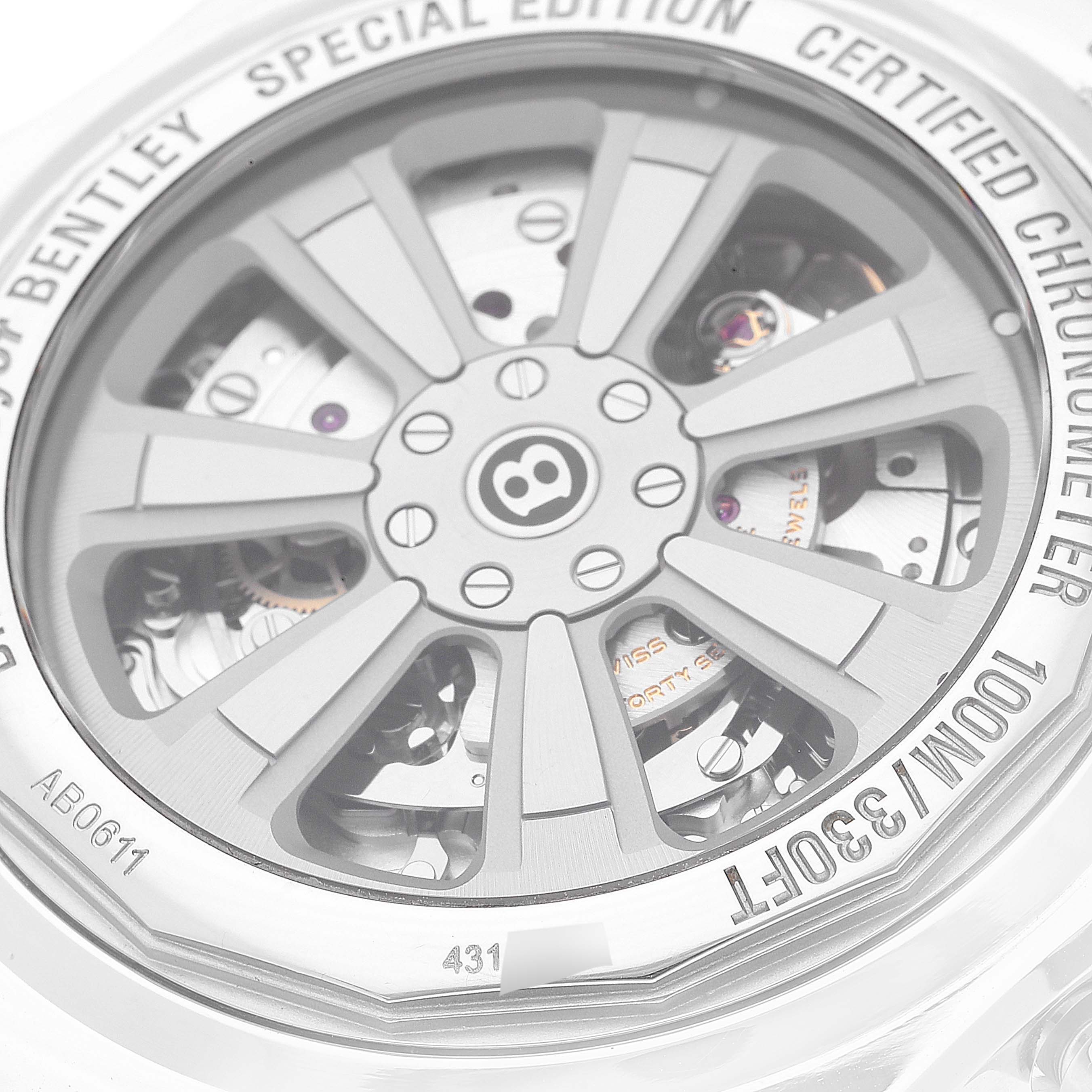 This image shows the back view of the Breitling Bentley AB061112/G768 Men's Stainless Steel Silver Dial AB061112/G768 Men's Stainless Steel Silver Dial model watch, highlighting the movement and "Special Edition" engraving.