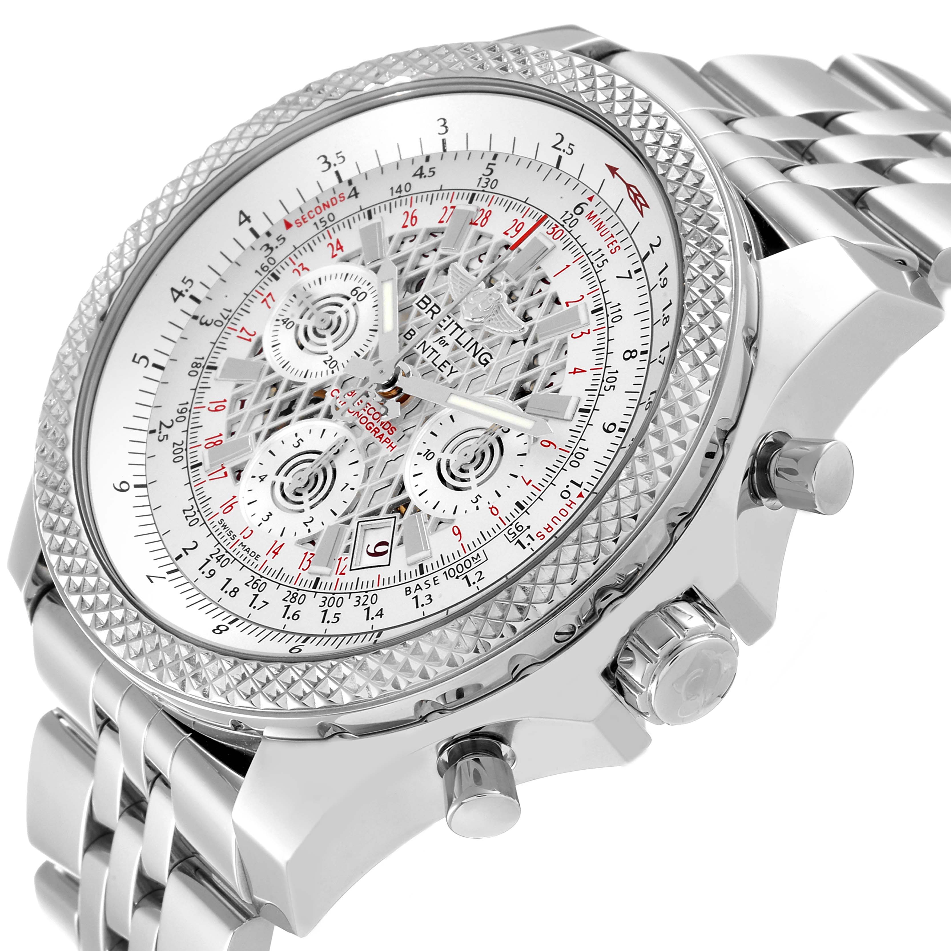 The image shows a close-up angled view of the Breitling Bentley AB061112/G768 Men's Stainless Steel Silver Dial AB061112/G768 Men's Stainless Steel Silver Dial watch, highlighting the dial, bezel, crown, and pushers.