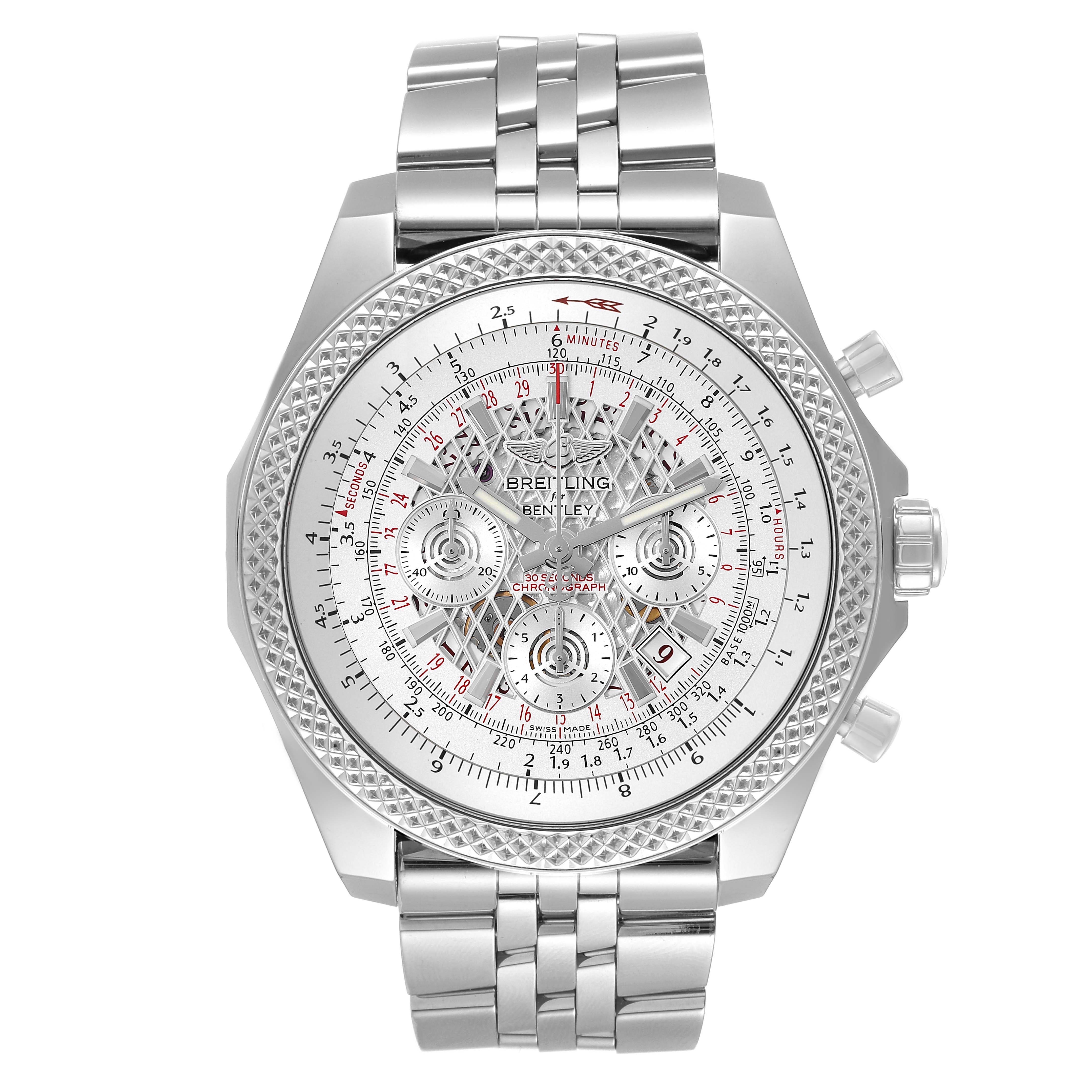 The Breitling Bentley AB061112/G768 Men's Stainless Steel Silver Dial AB061112/G768 Men's Stainless Steel Silver Dial watch is shown from a front angle, displaying the face, bezel, dial, crown, and stainless steel bracelet.