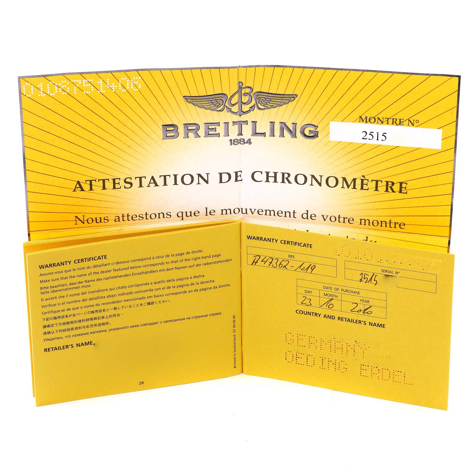 This image shows the warranty certificate and chronometer attestation for a Bentley model watch by Breitling.