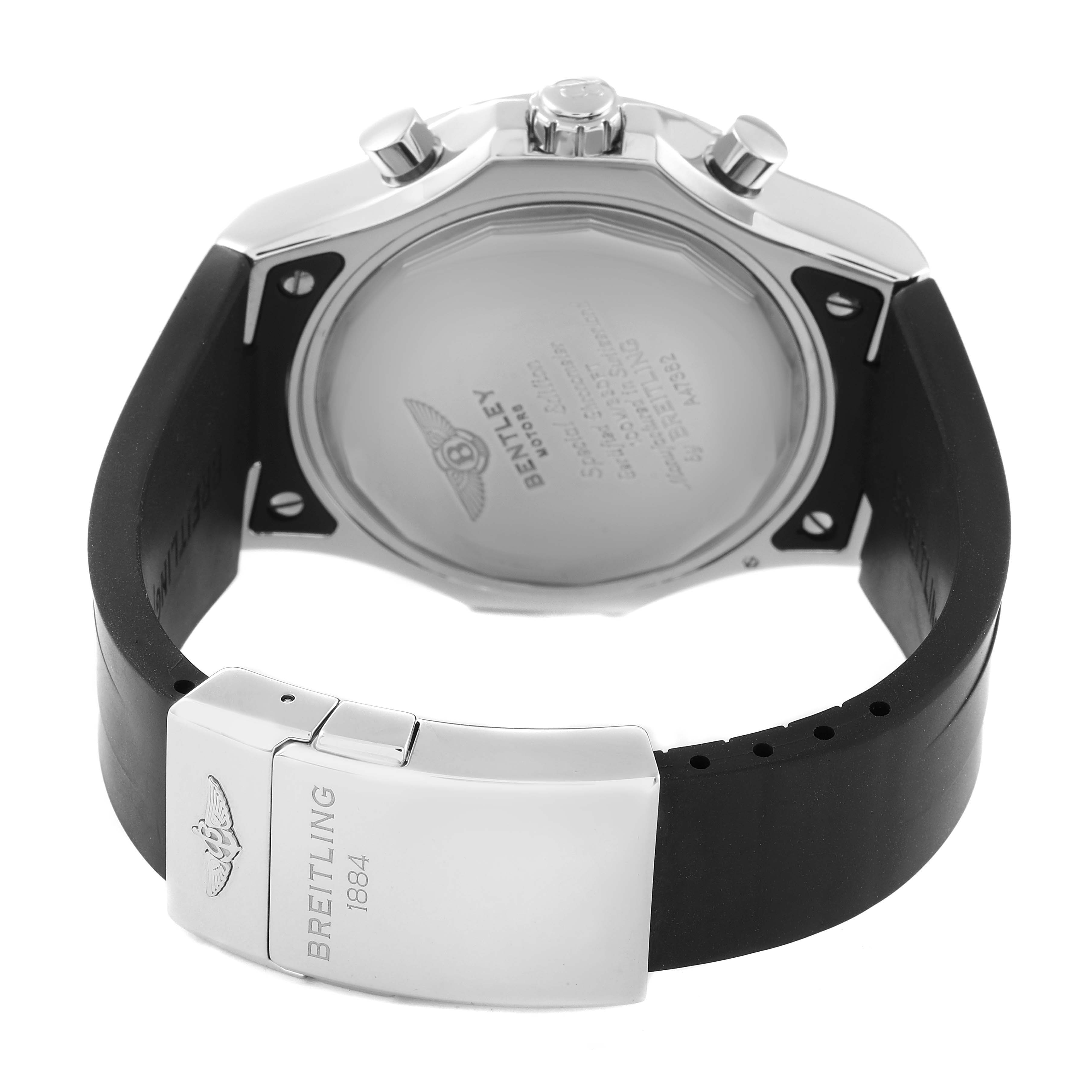 The image shows the back of a Bentley model Breitling watch, including the case back and strap with its clasp.