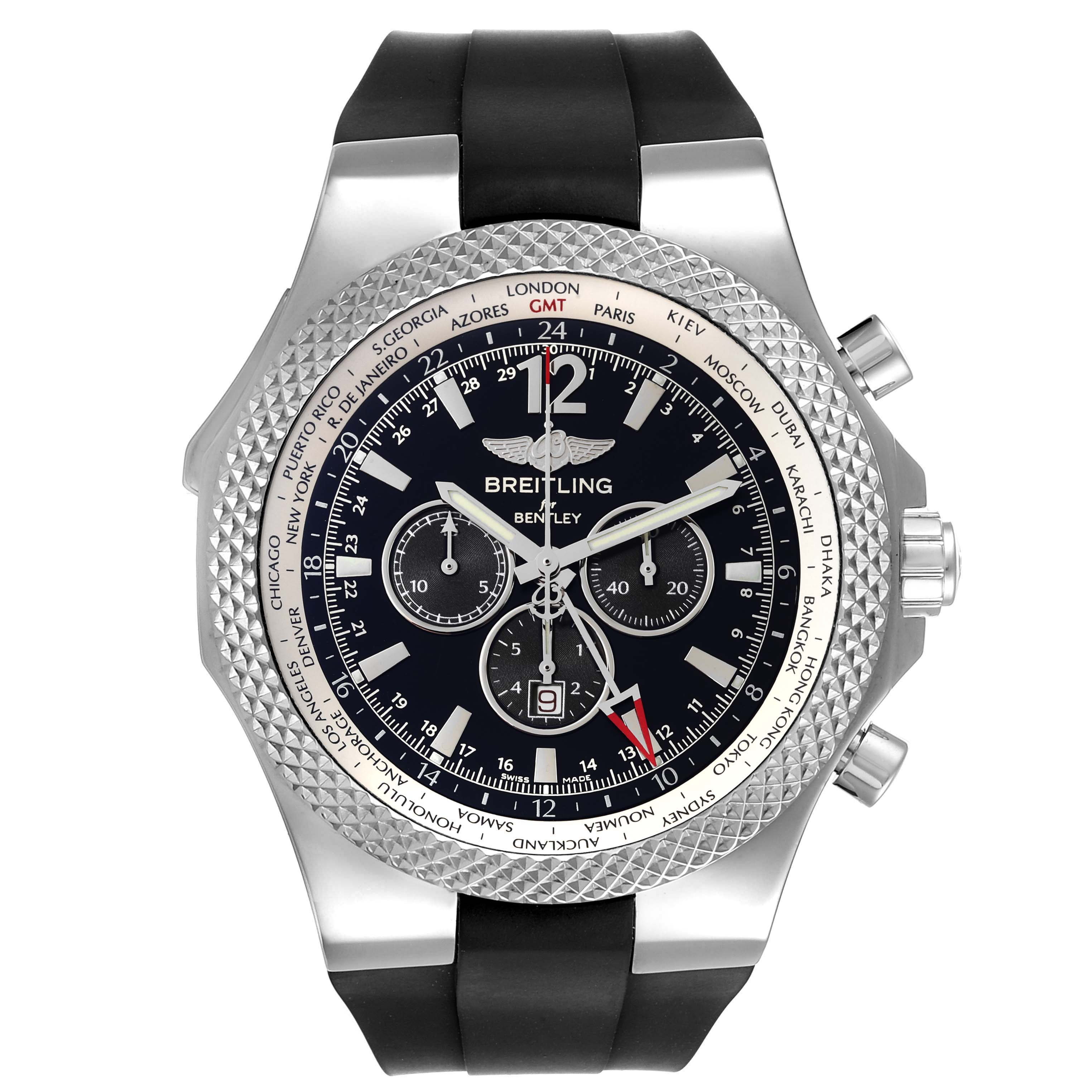 This image shows a Breitling Bentley A47362 Men's Stainless Steel Black Dial A47362 Men's Stainless Steel Black Dial watch from a front angle, highlighting the dial, bezel, and chronograph subdials.