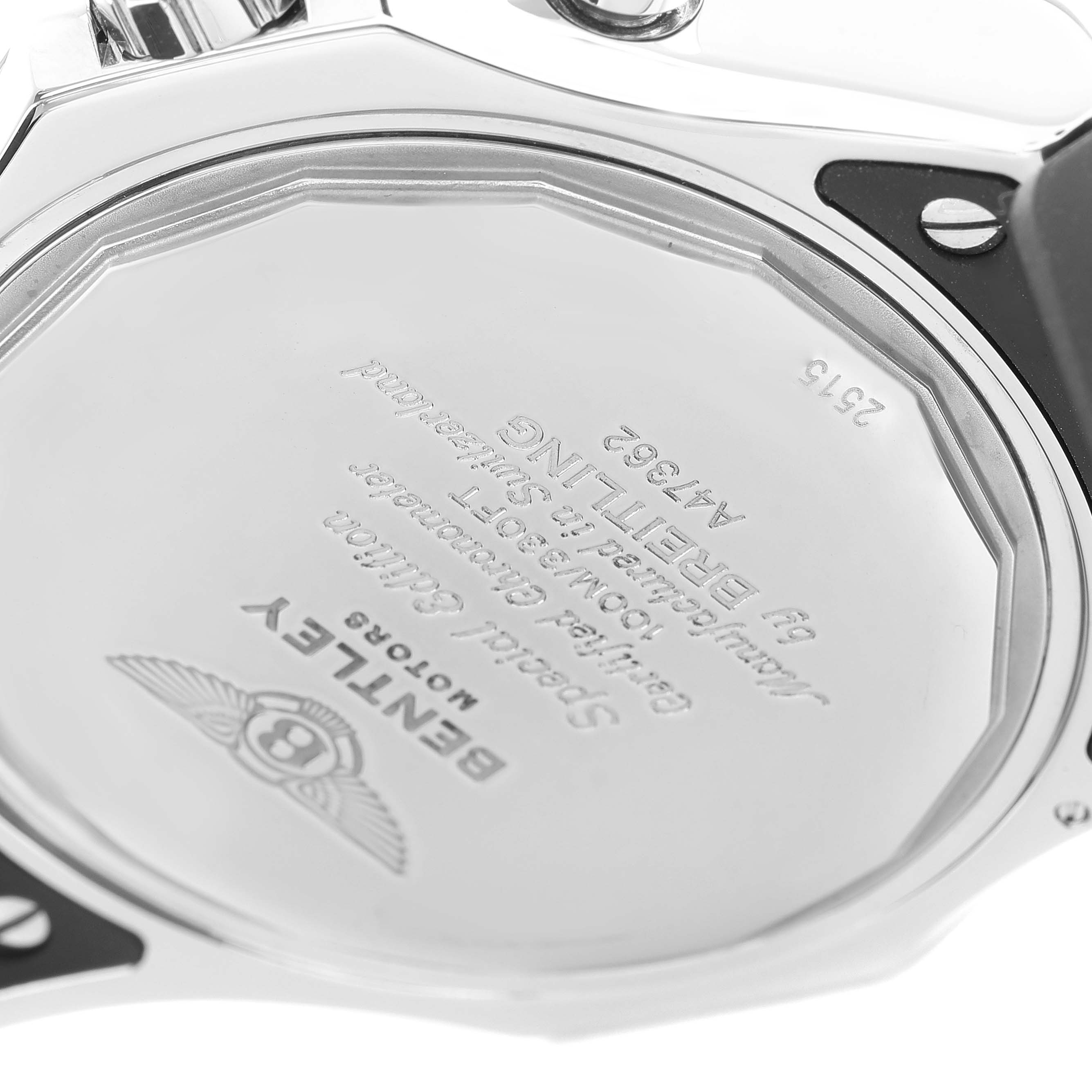 The image shows the back case of a Bentley model watch by Breitling, including inscriptions and logo details.