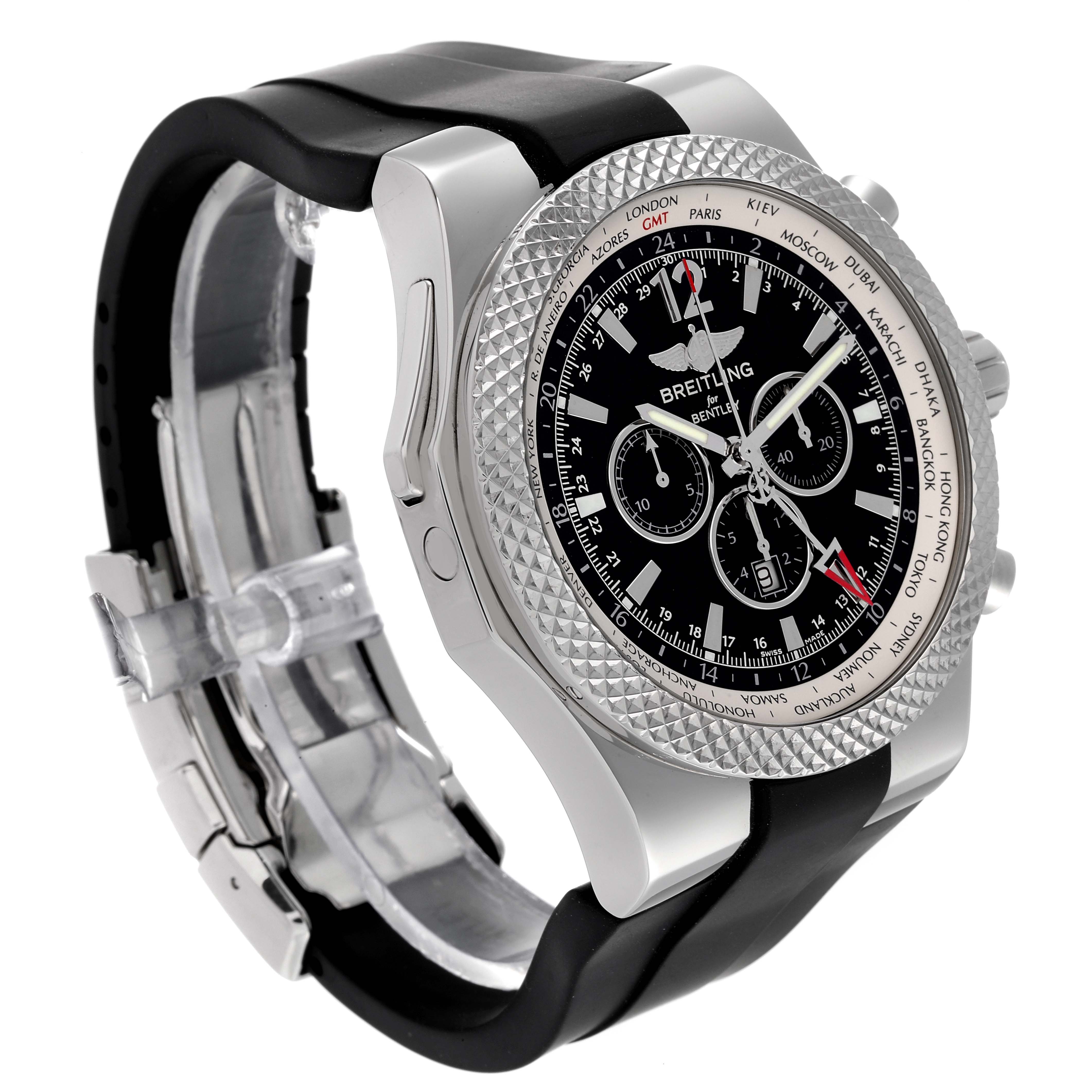 The image shows a side view of the Breitling Bentley A47362 Men's Stainless Steel Black Dial A47362 Men's Stainless Steel Black Dial model watch, highlighting its bezel, dial, and rubber strap.