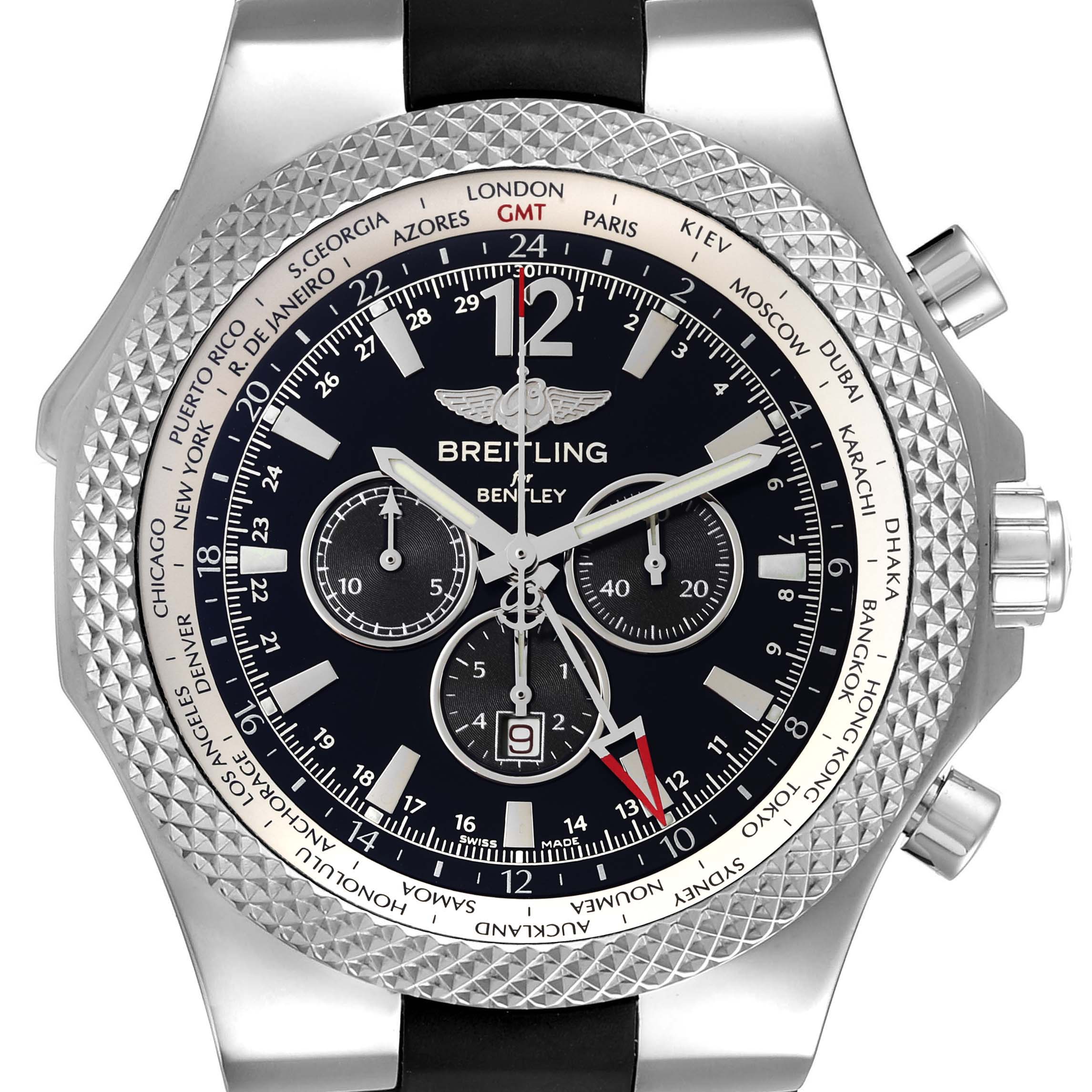 The image shows a front view of the Breitling Bentley A47362 Men's Stainless Steel Black Dial A47362 Men's Stainless Steel Black Dial watch, highlighting its dial, bezel, and side buttons.
