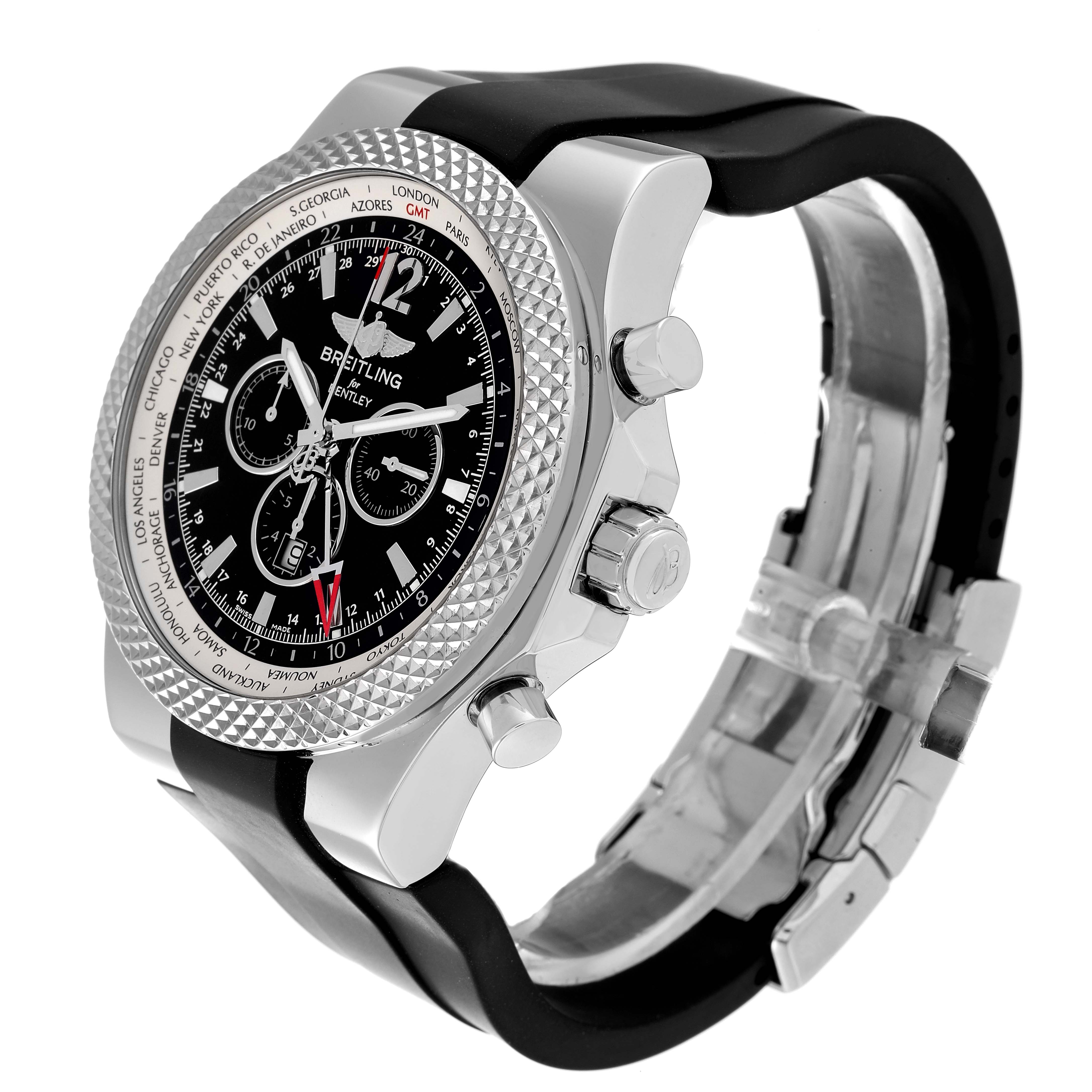 This image shows a side view of a Breitling Bentley A47362 Men's Stainless Steel Black Dial A47362 Men's Stainless Steel Black Dial watch, highlighting its bezel, dial, and black strap.