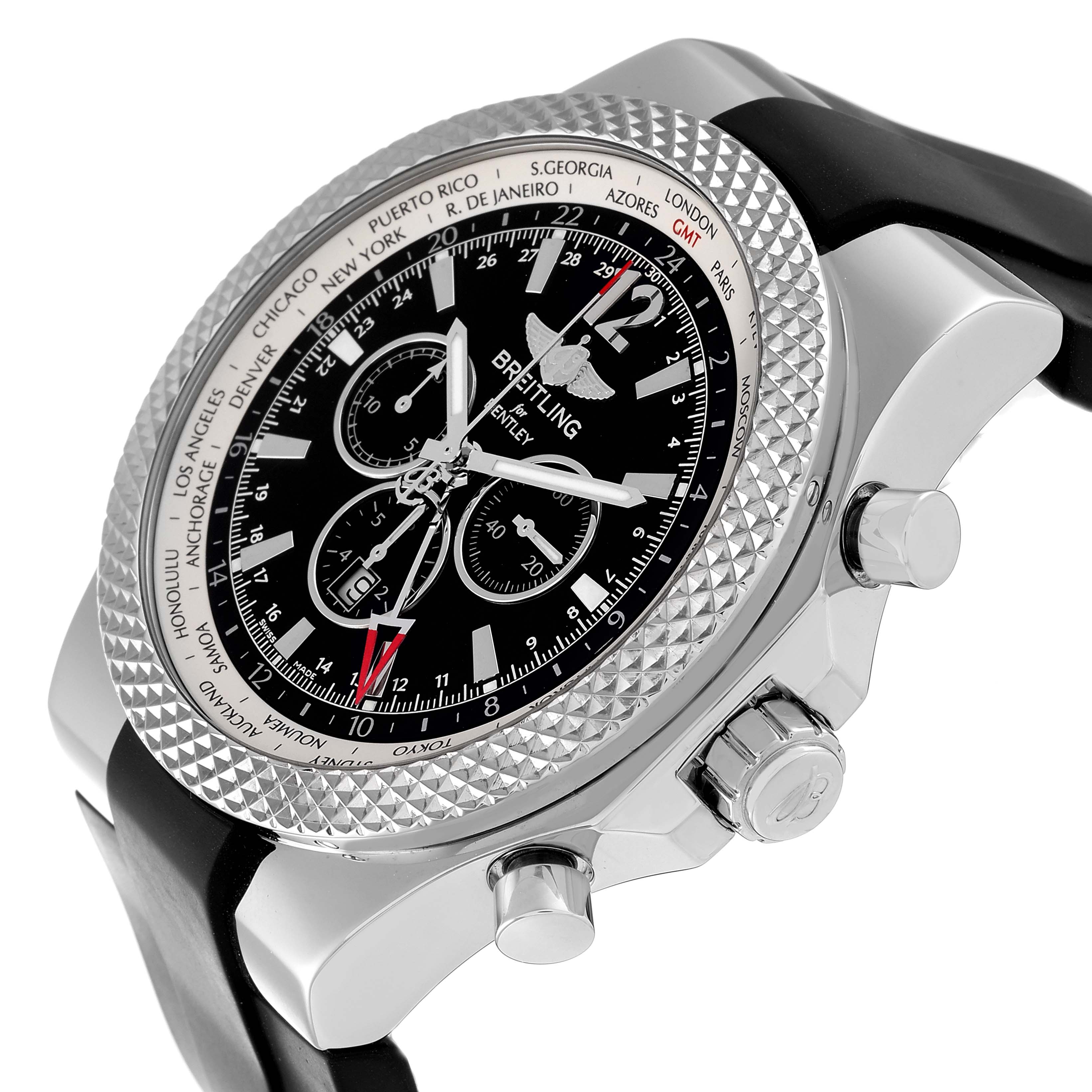 The image shows a side angle of a Breitling Bentley A47362 Men's Stainless Steel Black Dial A47362 Men's Stainless Steel Black Dial watch, featuring its bezel, dial, chronograph subdials, and pushers.