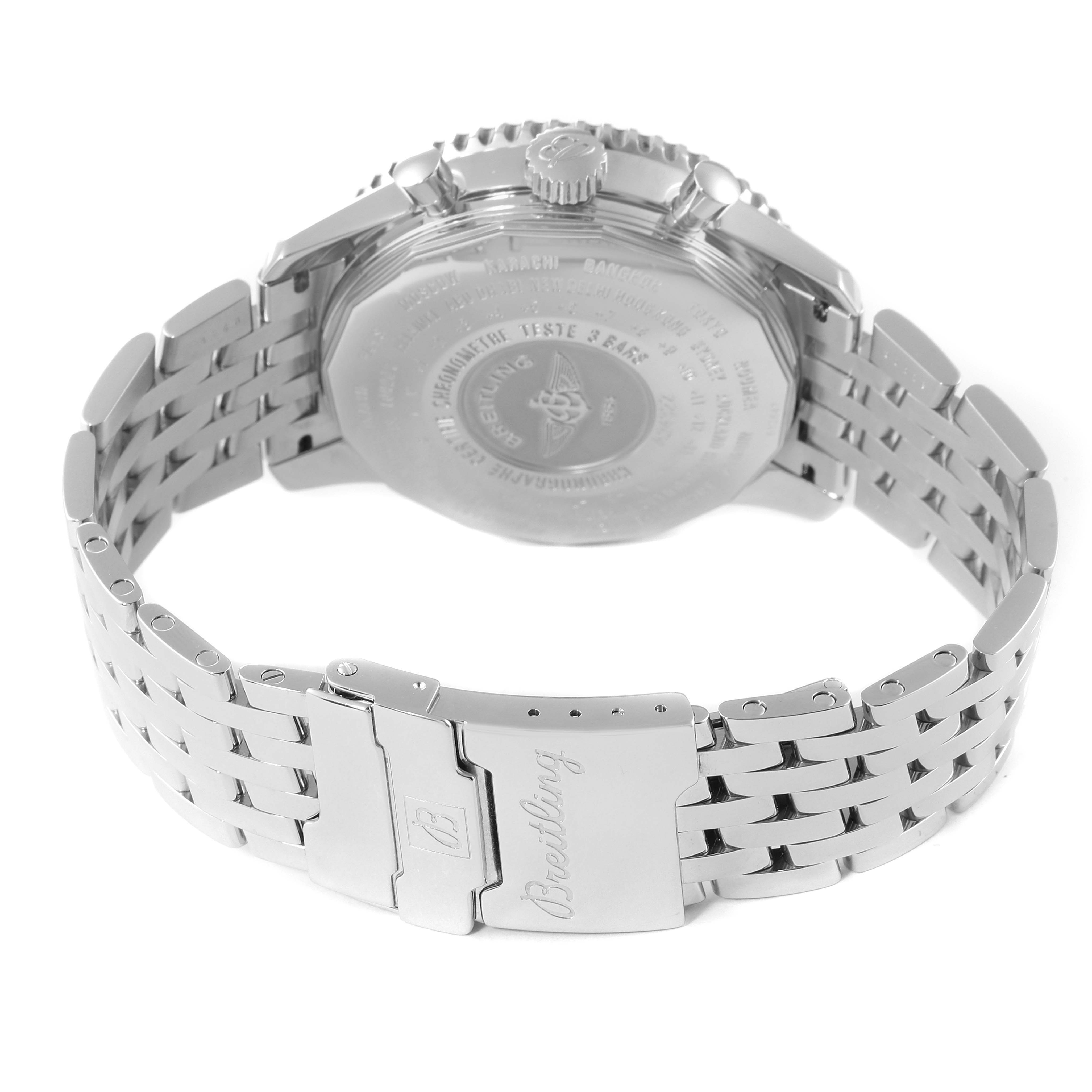 The image shows the backside and clasp of the Breitling Navitimer A24322 Men's Stainless Steel Silver Dial A24322 Men's Stainless Steel Silver Dial watch, highlighting its metal bracelet and engraved case back.