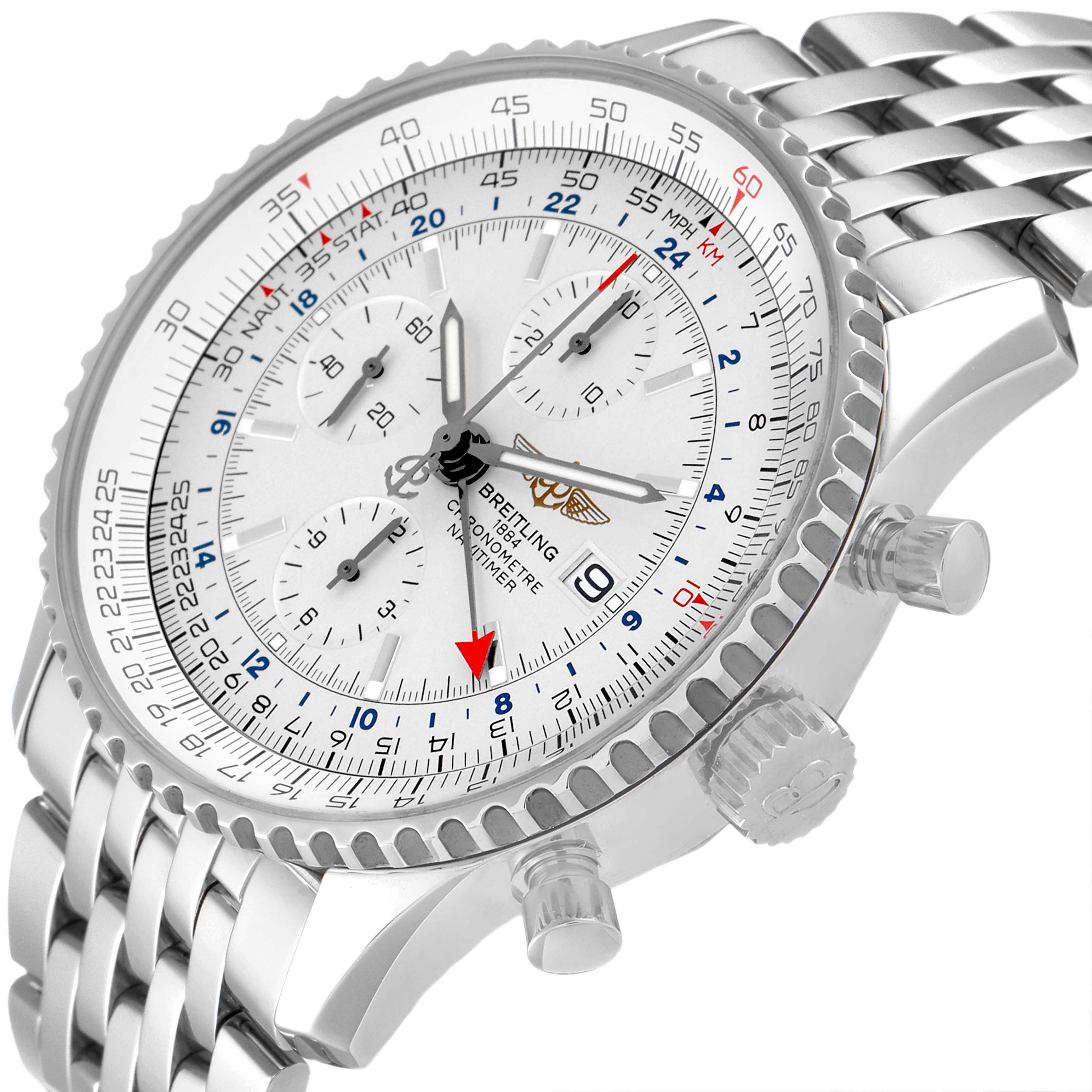 The image shows a close-up, angled view of the face and bracelet of a Breitling Navitimer A24322 Men's Stainless Steel Silver Dial A24322 Men's Stainless Steel Silver Dial watch.