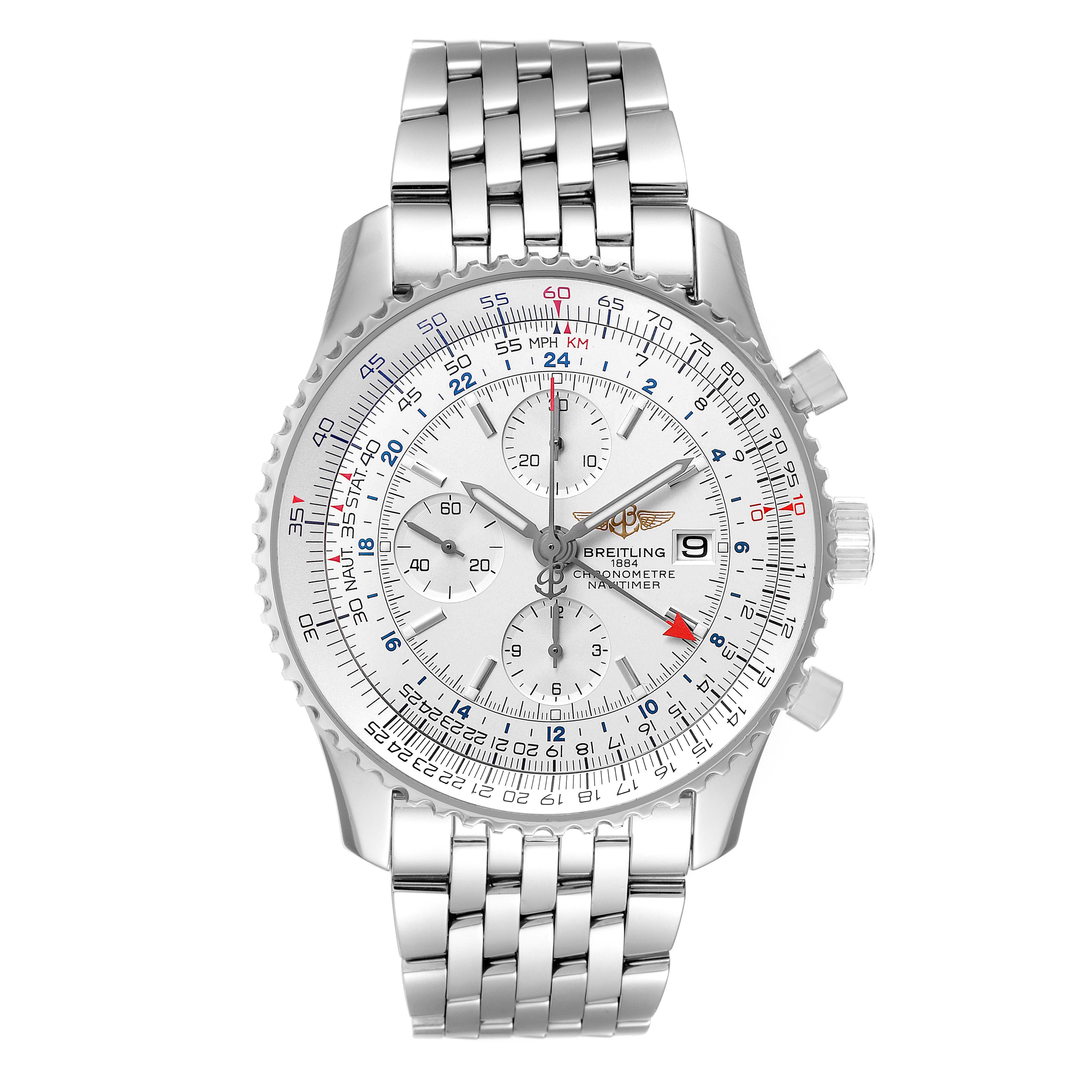 The image shows a frontal view of a Breitling Navitimer A24322 Men's Stainless Steel Silver Dial A24322 Men's Stainless Steel Silver Dial watch featuring its dial, chronograph, and metal bracelet.