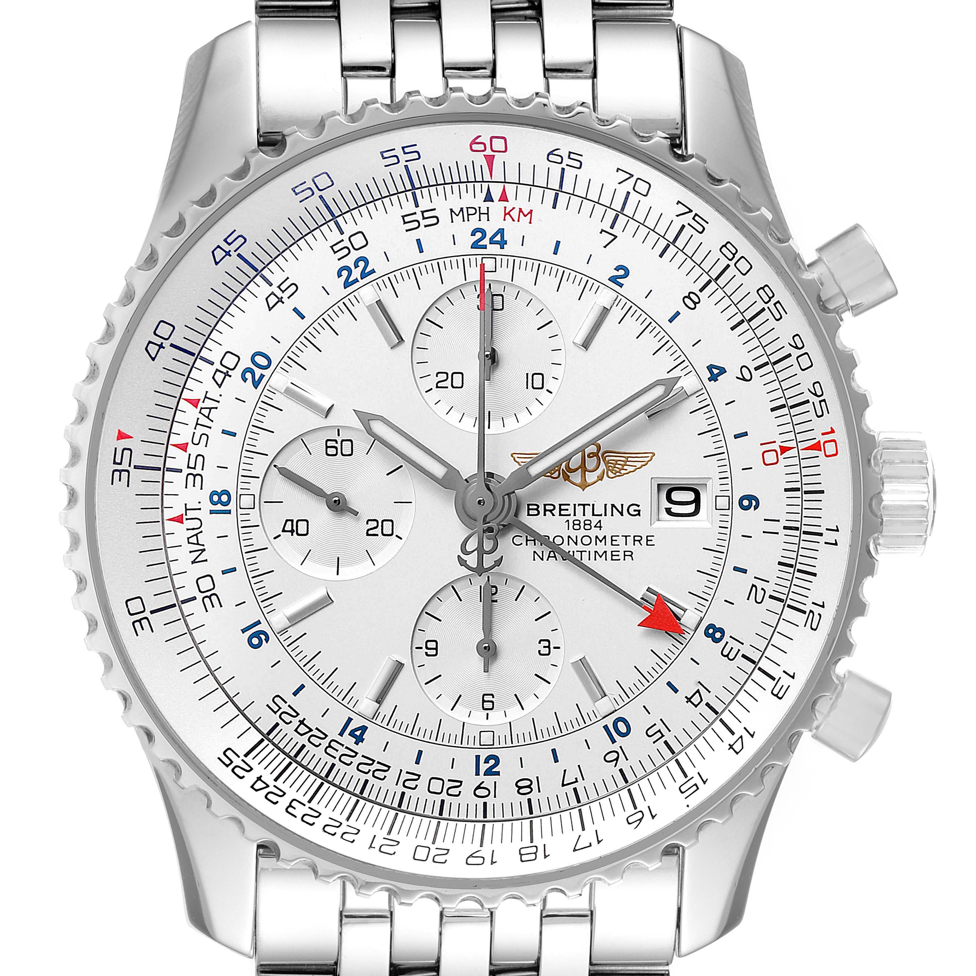 The image shows a frontal view of the Breitling Navitimer A24322 Men's Stainless Steel Silver Dial A24322 Men's Stainless Steel Silver Dial watch, featuring its dial, bezel, chronograph subdials, and stainless steel bracelet.