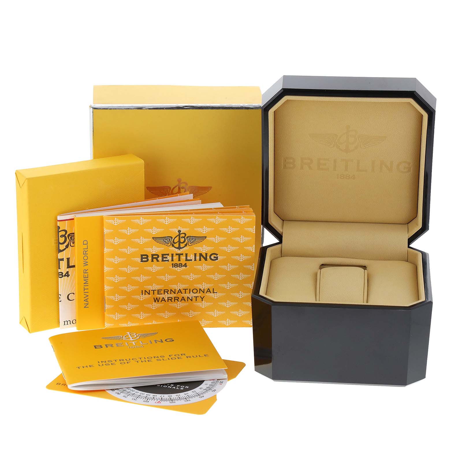 The image shows the packaging contents for a Breitling Navitimer A24322 Men's Stainless Steel Silver Dial A24322 Men's Stainless Steel Silver Dial watch, including the watch box, manuals, and warranty card.