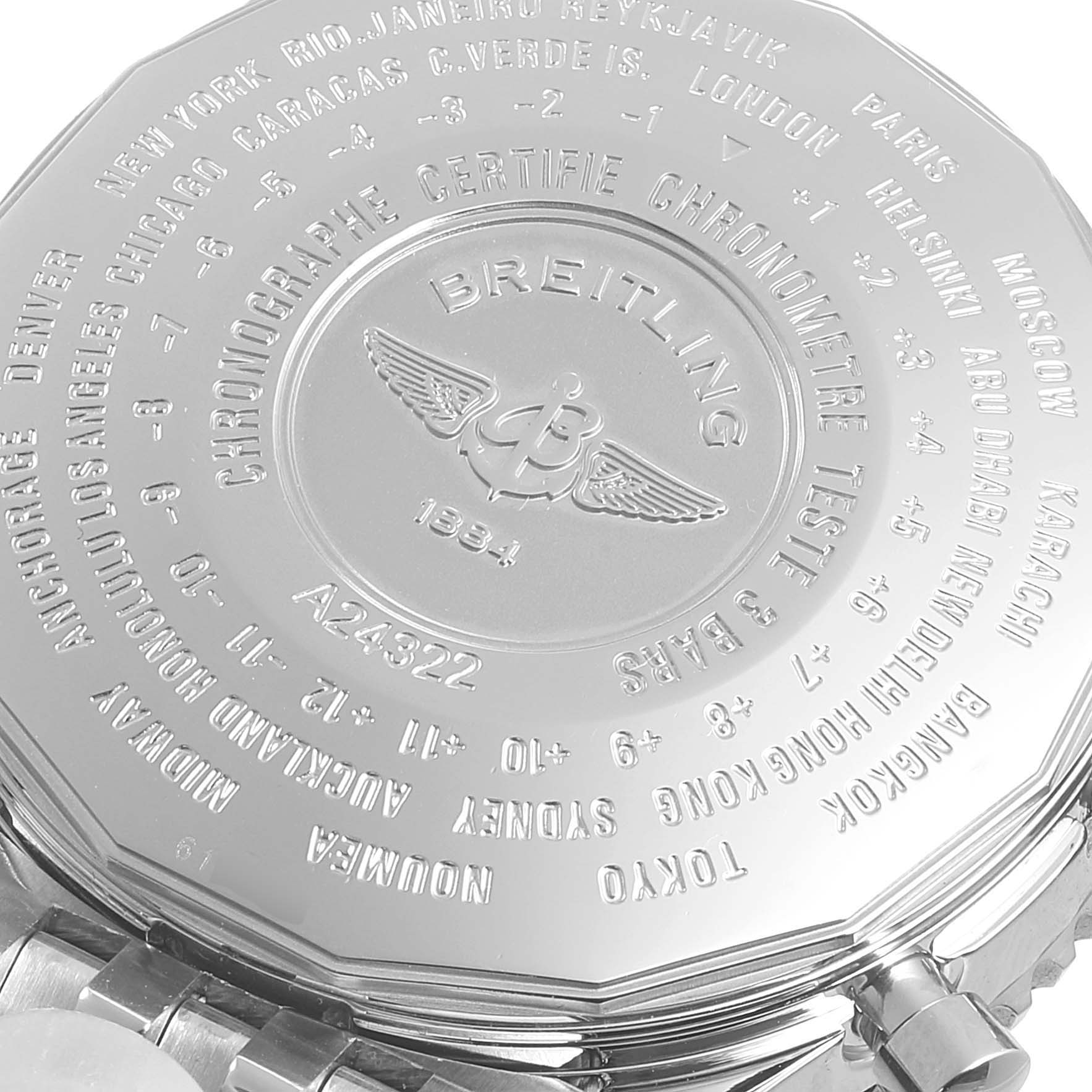 This image shows the back case of a Breitling Navitimer A24322 Men's Stainless Steel Silver Dial A24322 Men's Stainless Steel Silver Dial watch featuring engravings of city names and other markings.