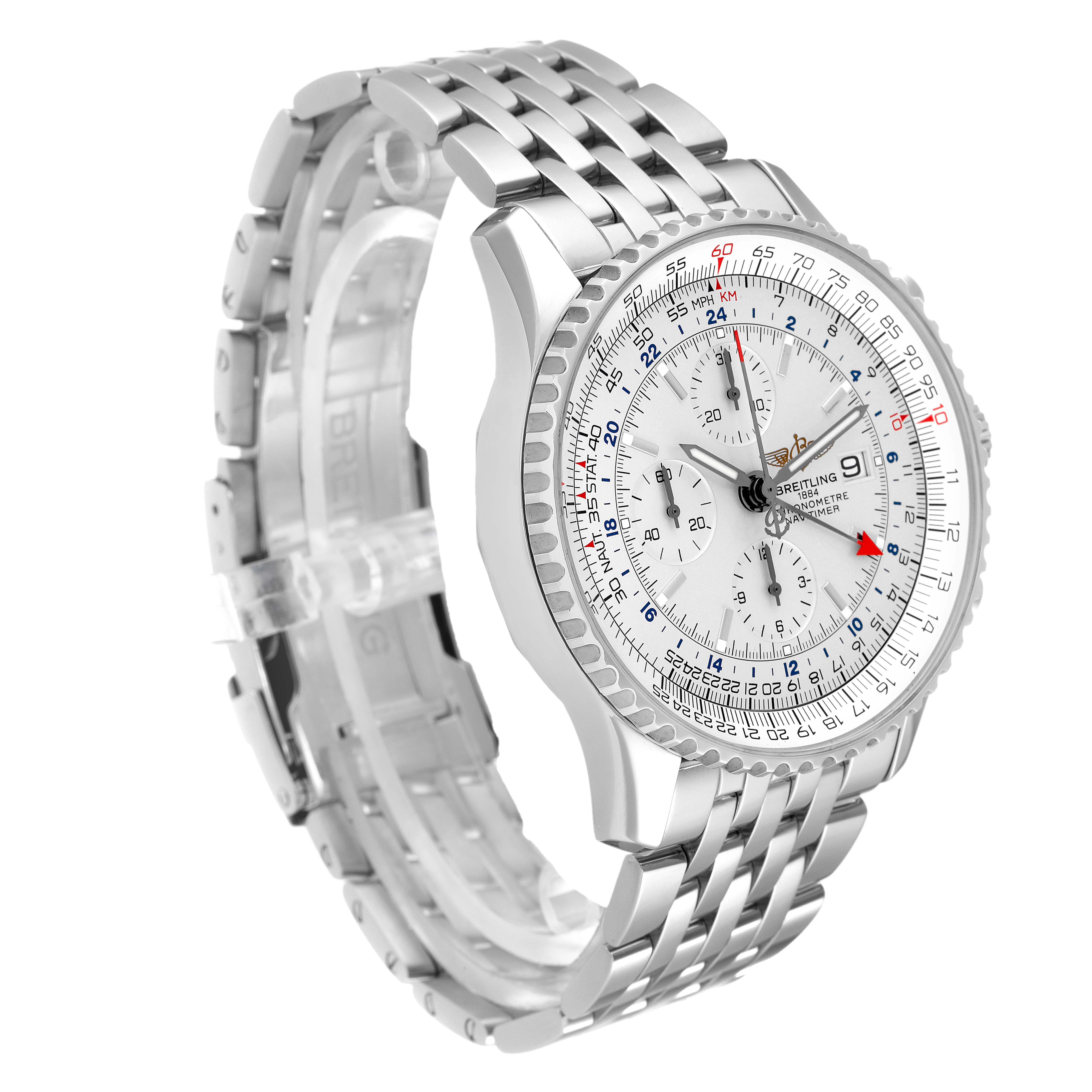 The Breitling Navitimer A24322 Men's Stainless Steel Silver Dial A24322 Men's Stainless Steel Silver Dial watch is shown at a three-quarter angle, displaying its dial, watch case, and stainless steel bracelet.