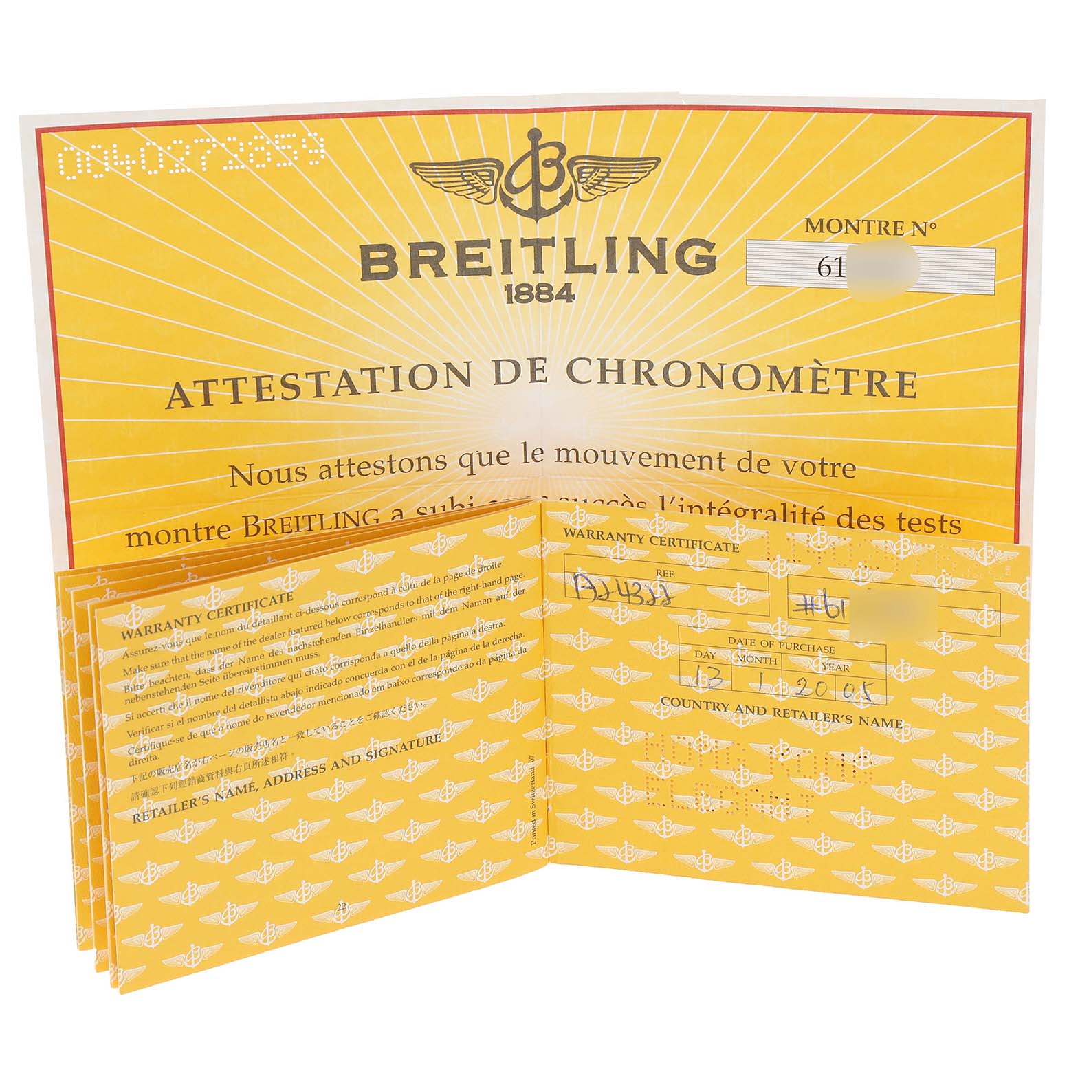 The image shows warranty and chronometer certification papers for a Breitling Navitimer A24322 Men's Stainless Steel Silver Dial A24322 Men's Stainless Steel Silver Dial watch.