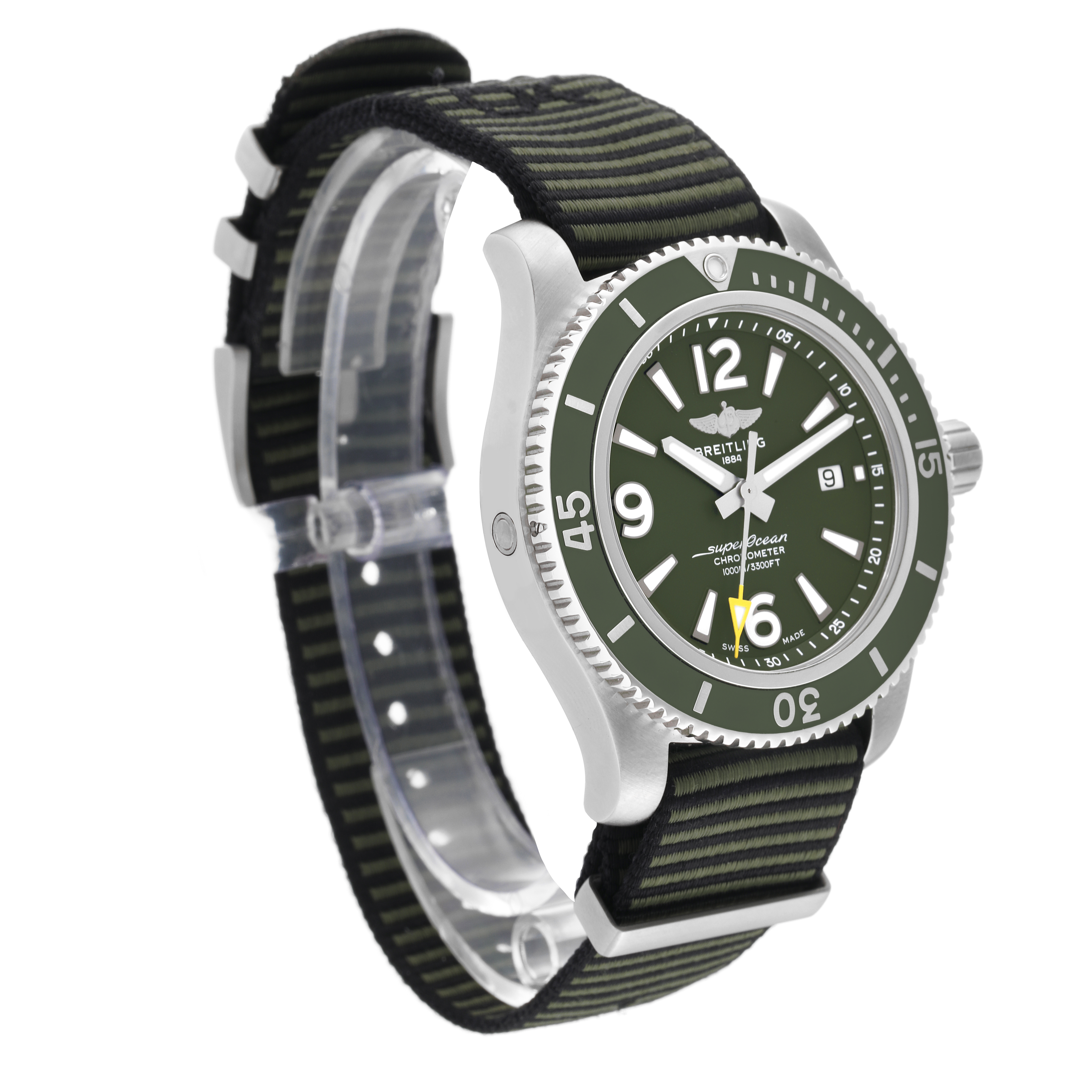 The image shows a side-angle view of a Breitling Superocean A17367A11L1W1 Men's Stainless Steel Green Dial A17367A11L1W1 Men's Stainless Steel Green Dial watch with a green dial and a black and green striped strap.