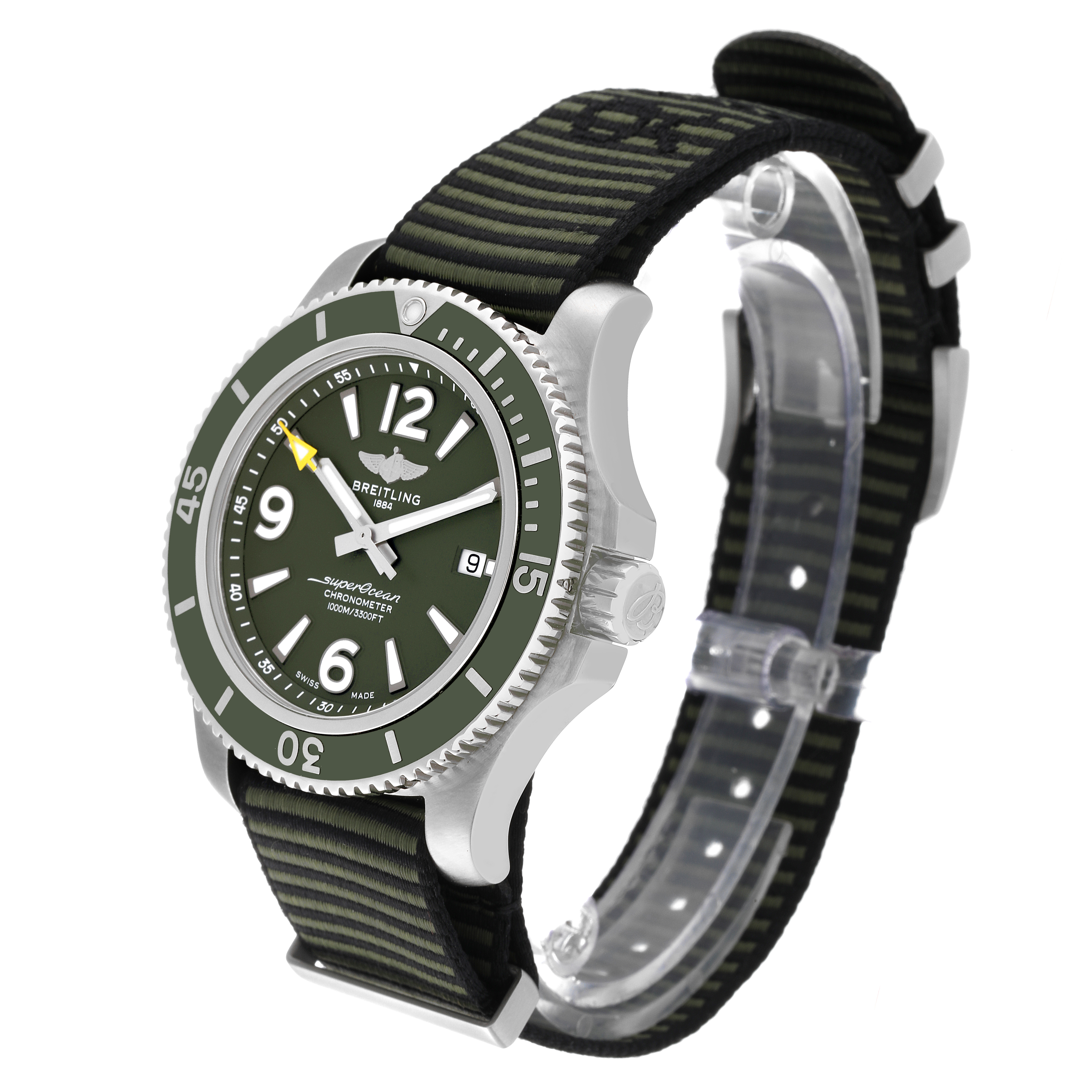 The Breitling Superocean A17367A11L1W1 Men's Stainless Steel Green Dial A17367A11L1W1 Men's Stainless Steel Green Dial watch is shown from a front-side angle, displaying its face, bezel, and striped NATO strap.