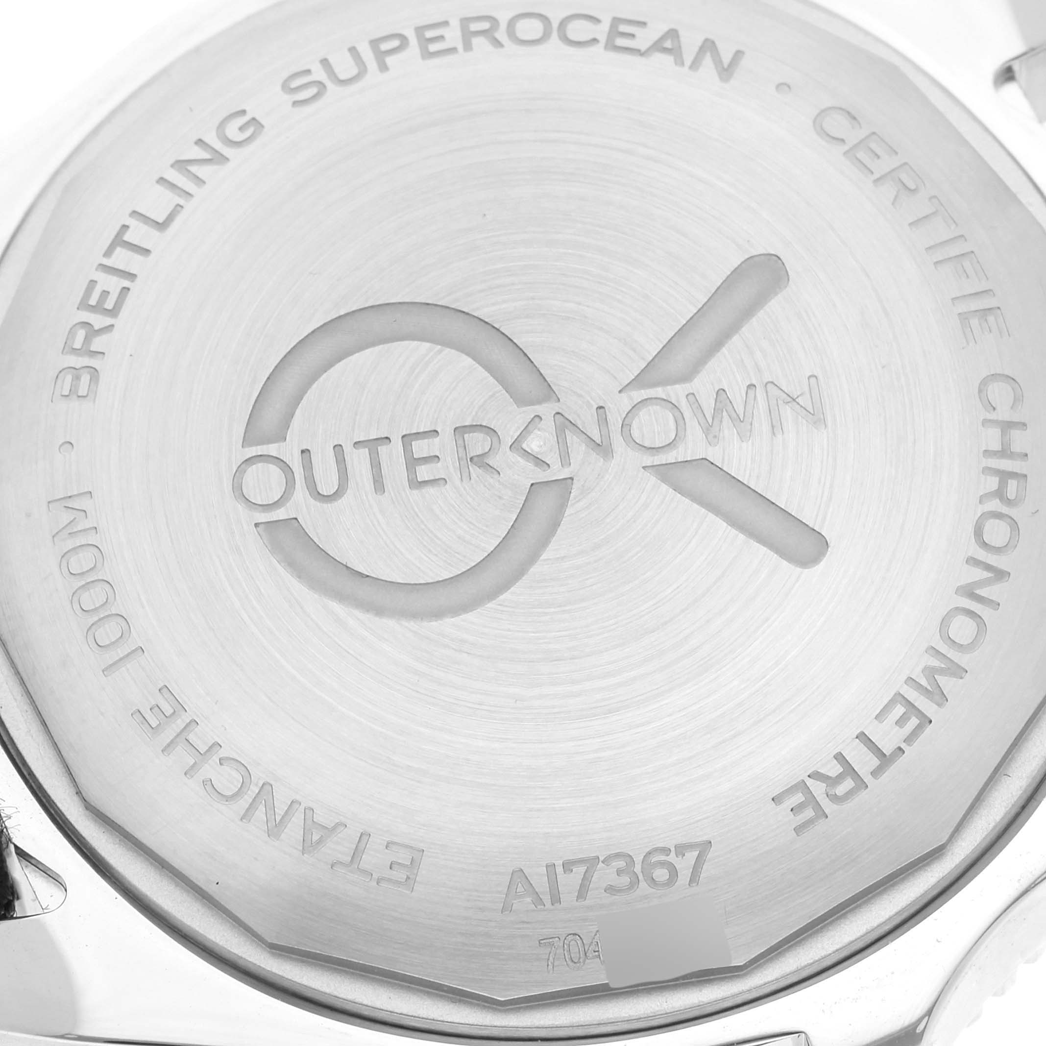 This image shows the engraved case back of a Breitling Superocean A17367A11L1W1 Men's Stainless Steel Green Dial A17367A11L1W1 Men's Stainless Steel Green Dial watch.