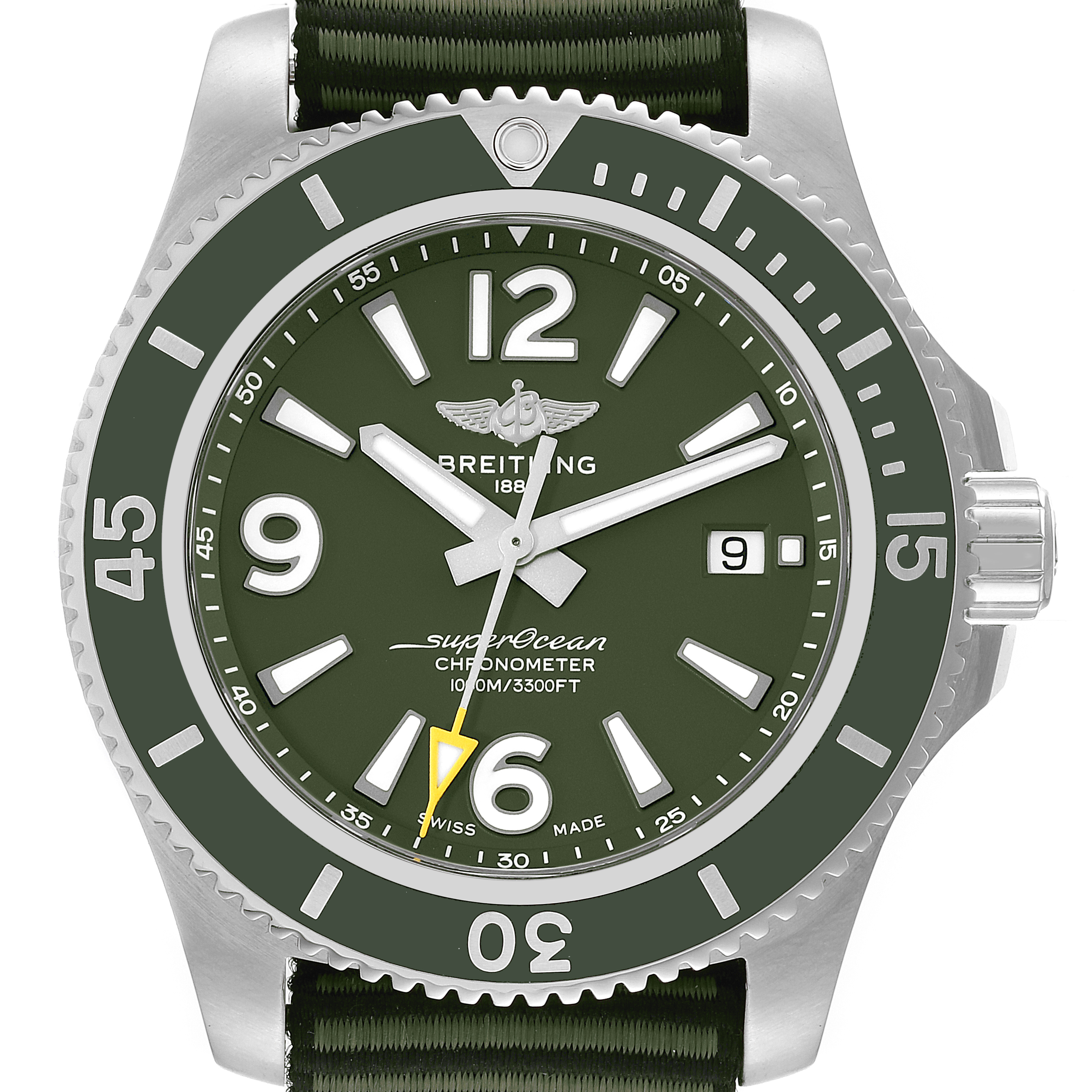The image shows a front view of a Breitling Superocean A17367A11L1W1 Men's Stainless Steel Green Dial A17367A11L1W1 Men's Stainless Steel Green Dial watch with green dial and bezel, and luminescent markers.