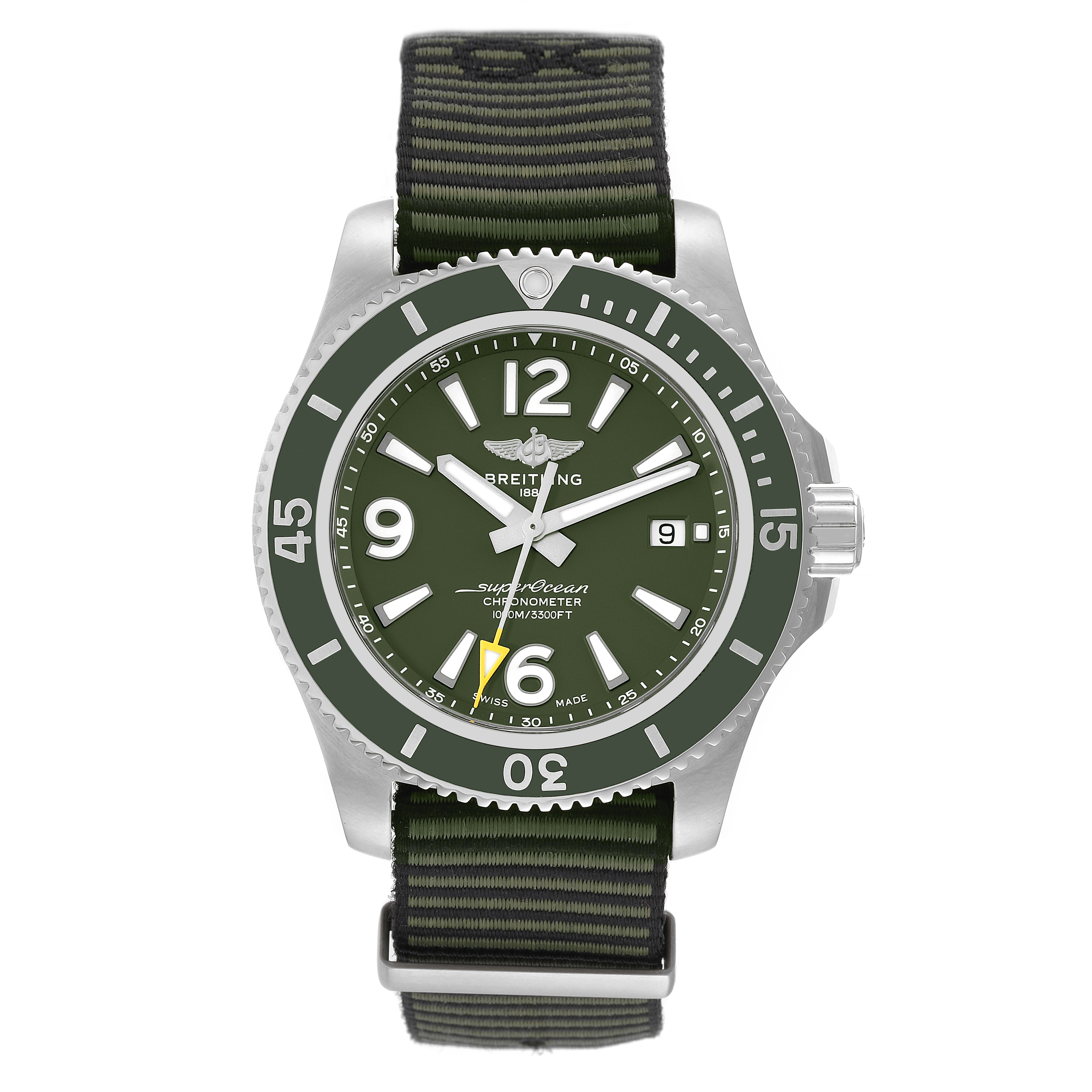 The image shows a Breitling Superocean A17367A11L1W1 Men's Stainless Steel Green Dial A17367A11L1W1 Men's Stainless Steel Green Dial watch from a front angle, displaying the dial, bezel, and strap.