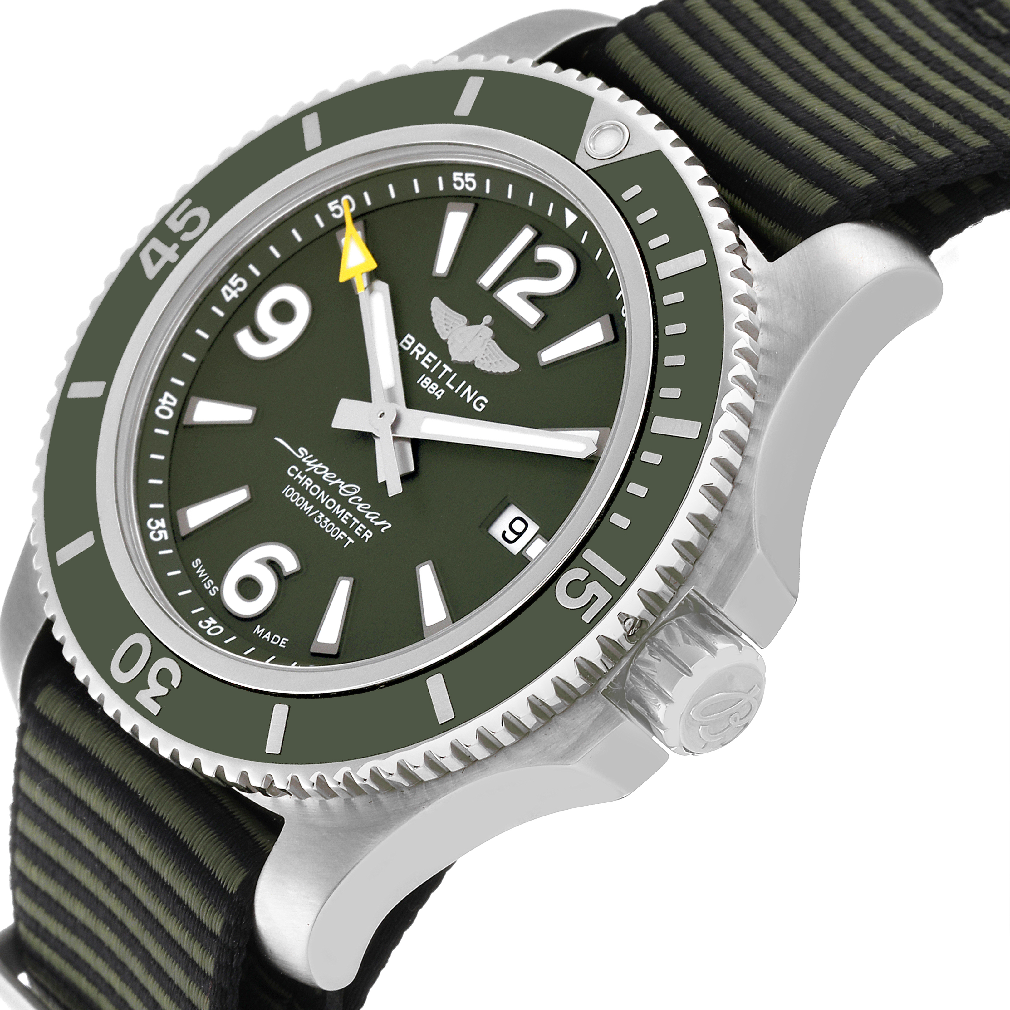 The image shows a close-up side angle of the Breitling Superocean A17367A11L1W1 Men's Stainless Steel Green Dial A17367A11L1W1 Men's Stainless Steel Green Dial watch, displaying the face, bezel, and part of the crown and strap.