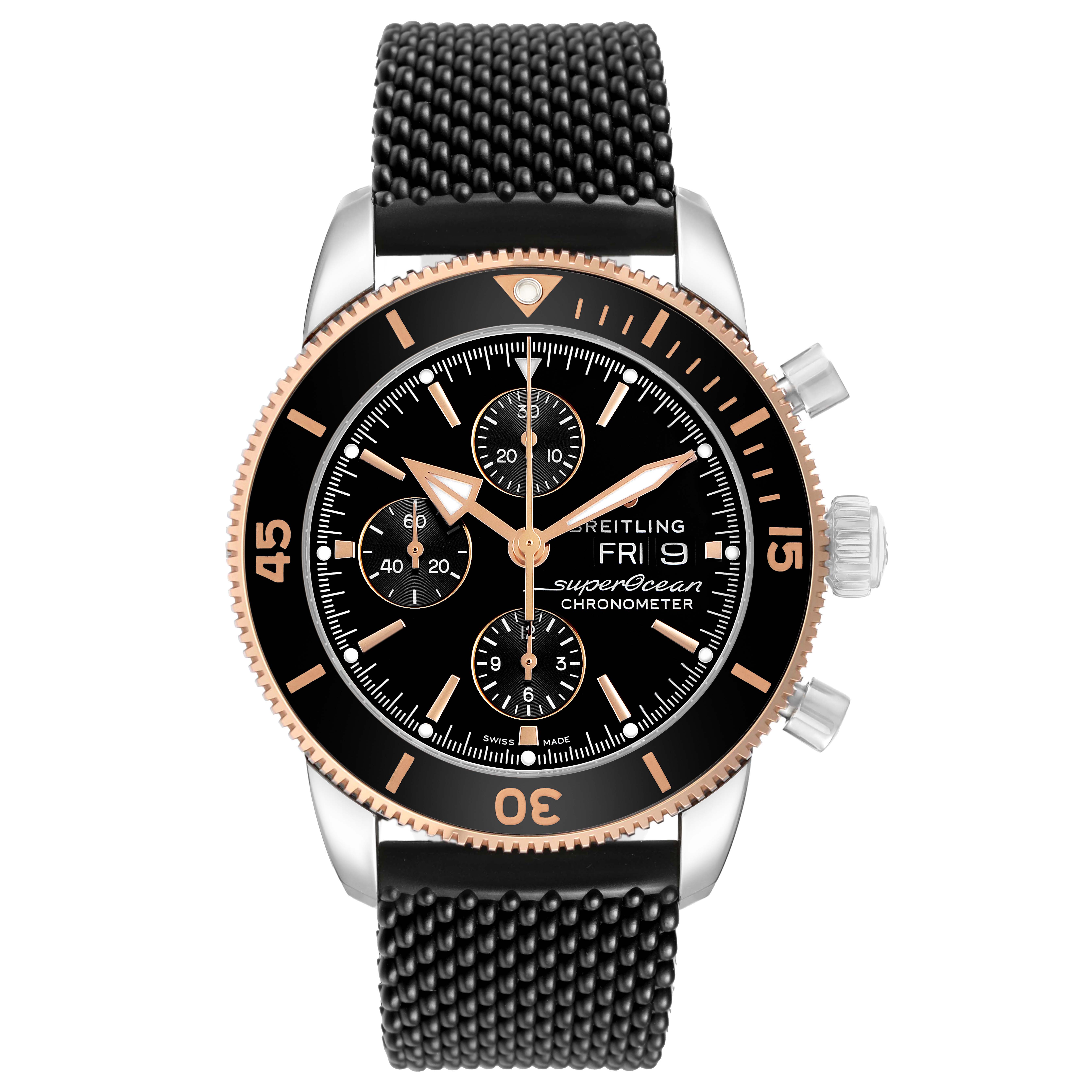 The Breitling Superocean U13313 Men's Stainless Steel Black Dial watch is shown from a front angle, highlighting its black dial, chronograph sub-dials, bezel, and rubber strap.