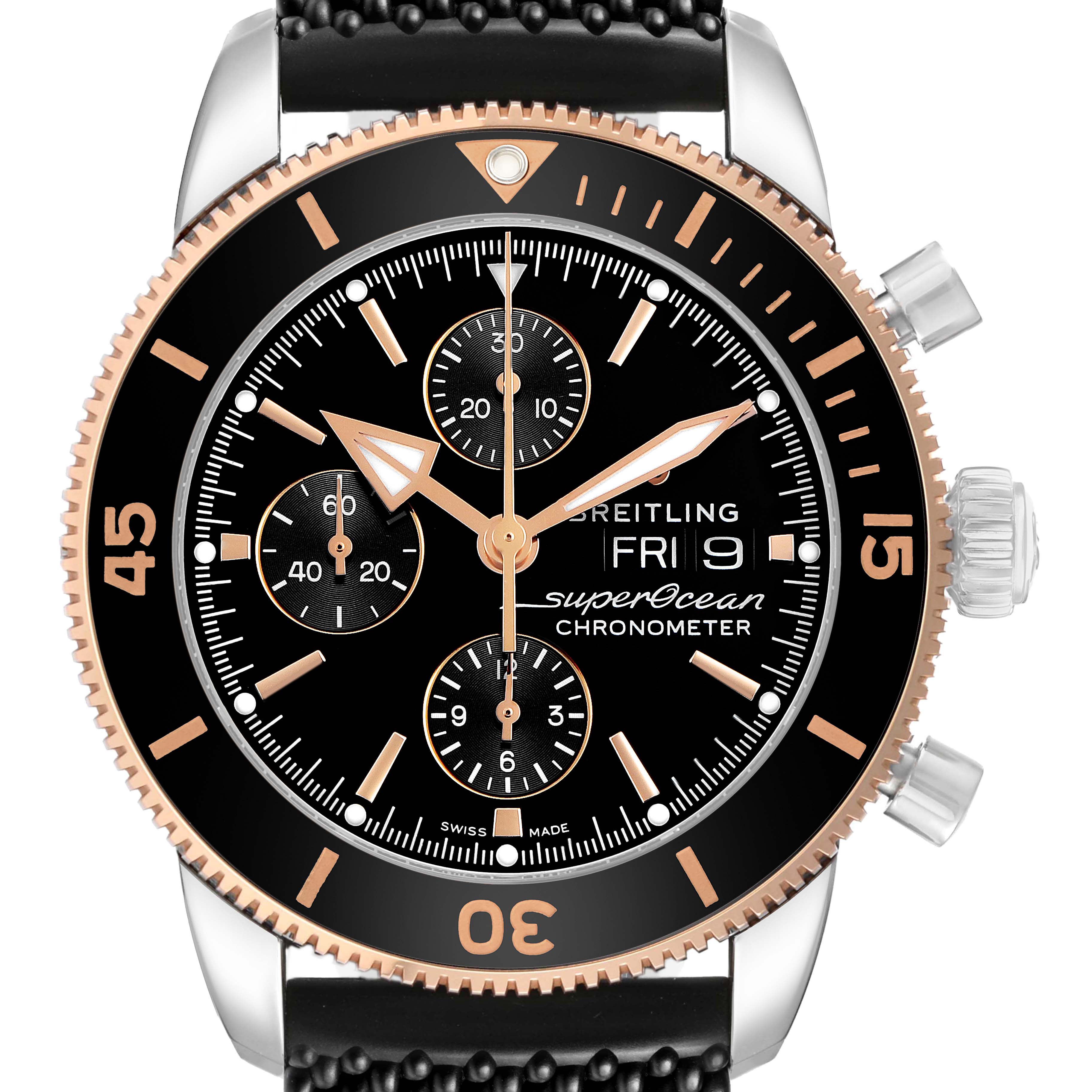 The Breitling Superocean U13313 Men's Stainless Steel Black Dial watch is shown from the front, highlighting the black dial, subdials, and the bezel with gold accents.