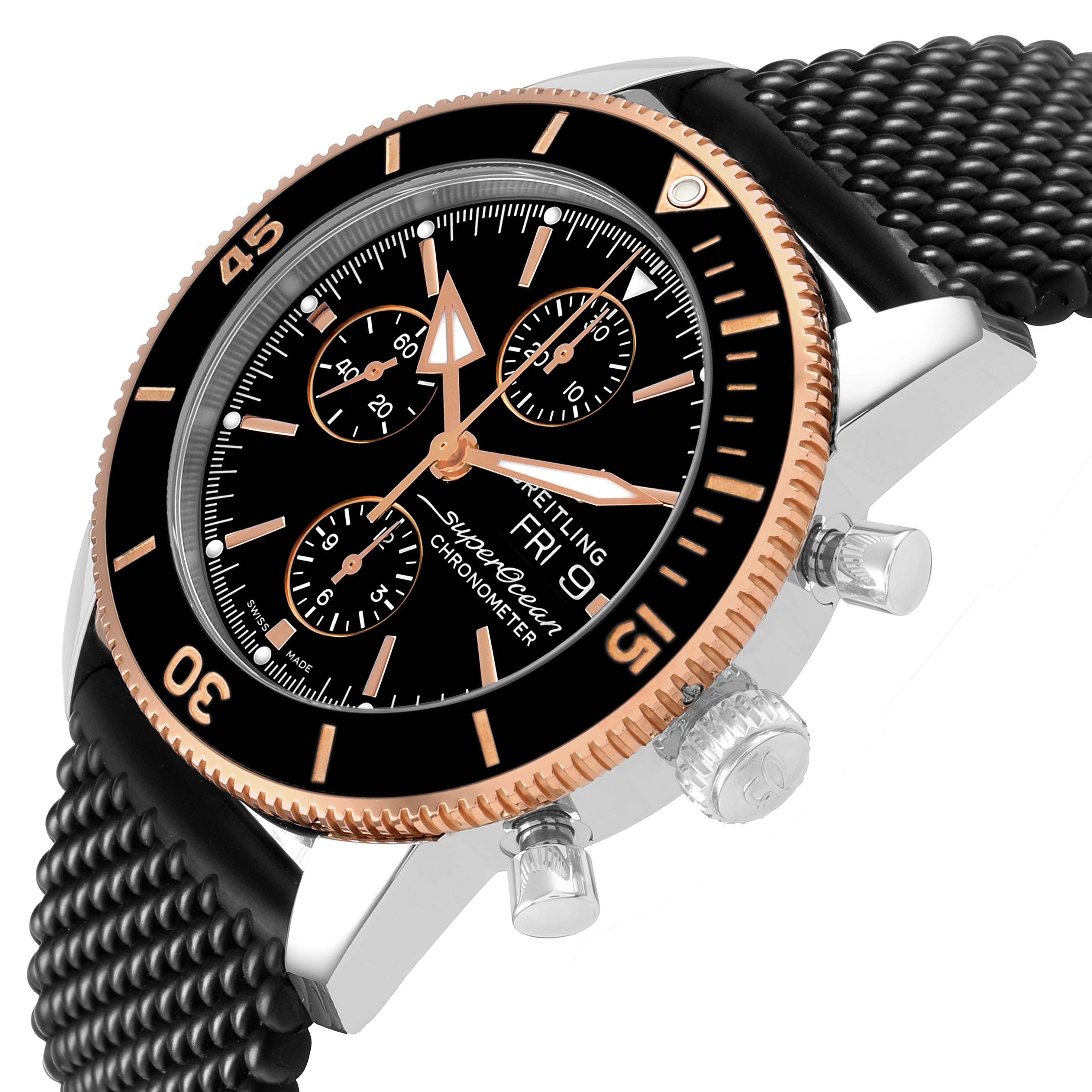 The Breitling Superocean U13313 Men's Stainless Steel Black Dial watch is shown at an angled side view, highlighting the bezel, chronograph dials, crown, and pushers.
