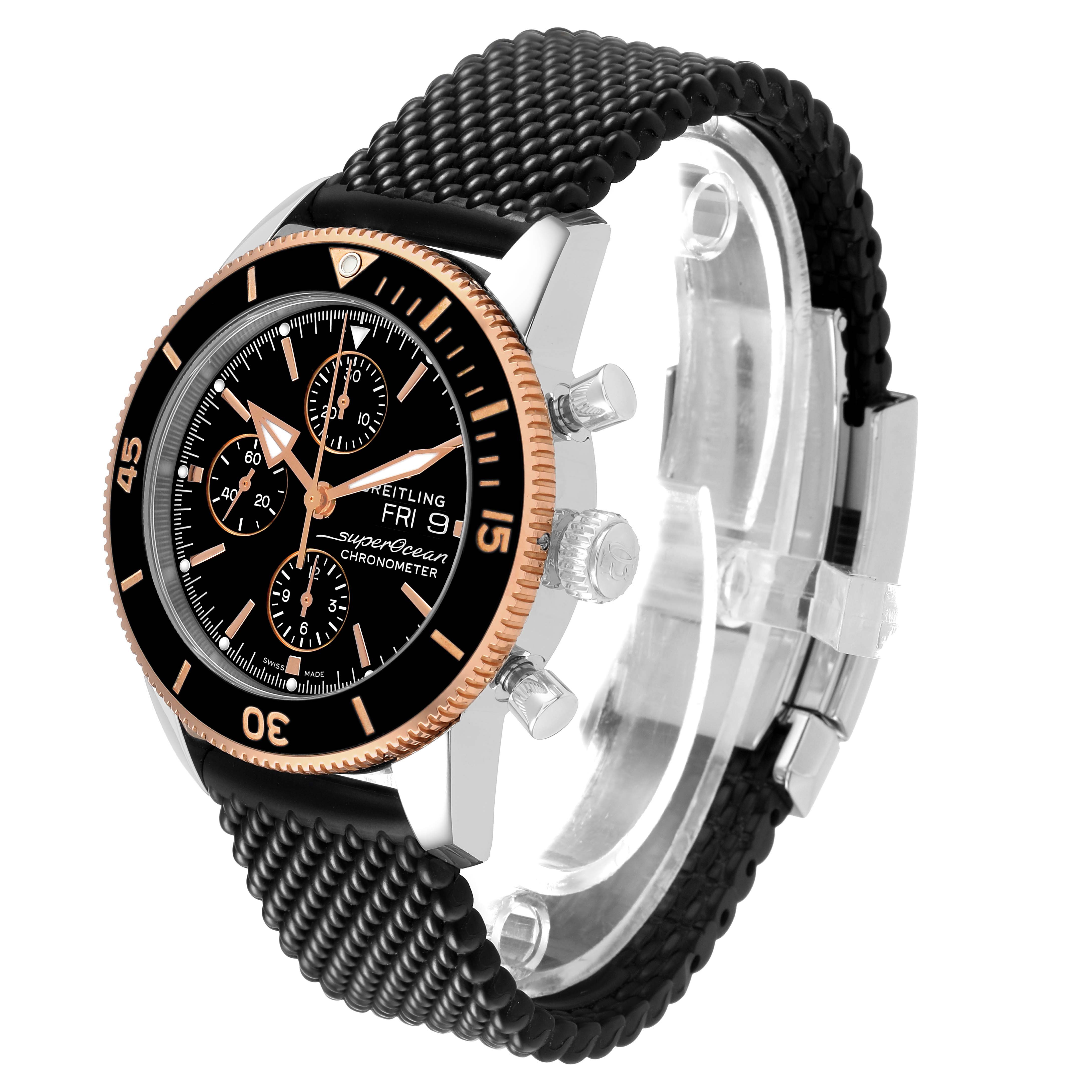The Breitling Superocean U13313 Men's Stainless Steel Black Dial watch is shown at a three-quarter angle, highlighting the face, bezel, and black strap.