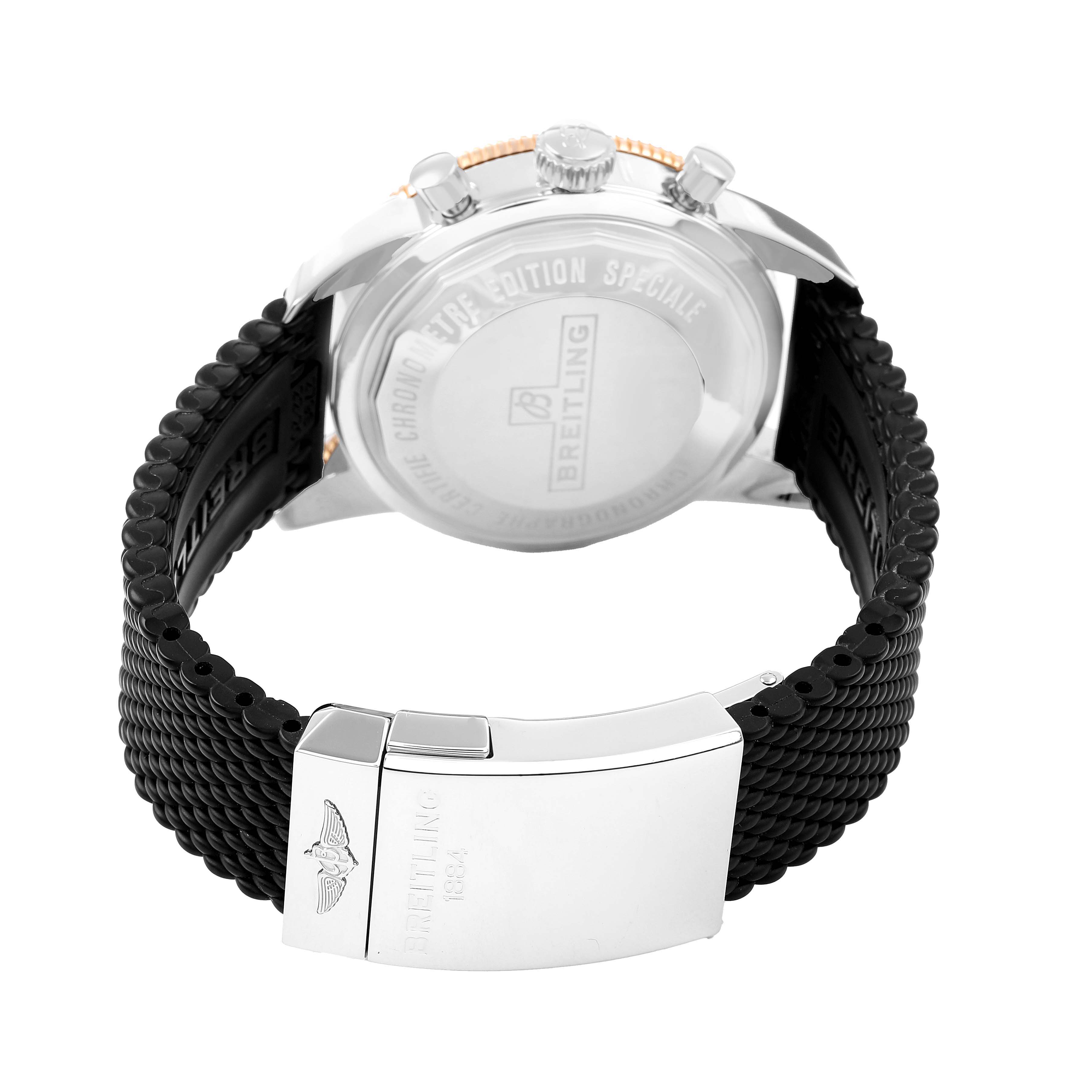 The image shows the back of the Breitling Superocean U13313 Men's Stainless Steel Black Dial watch, highlighting the case back and clasp.