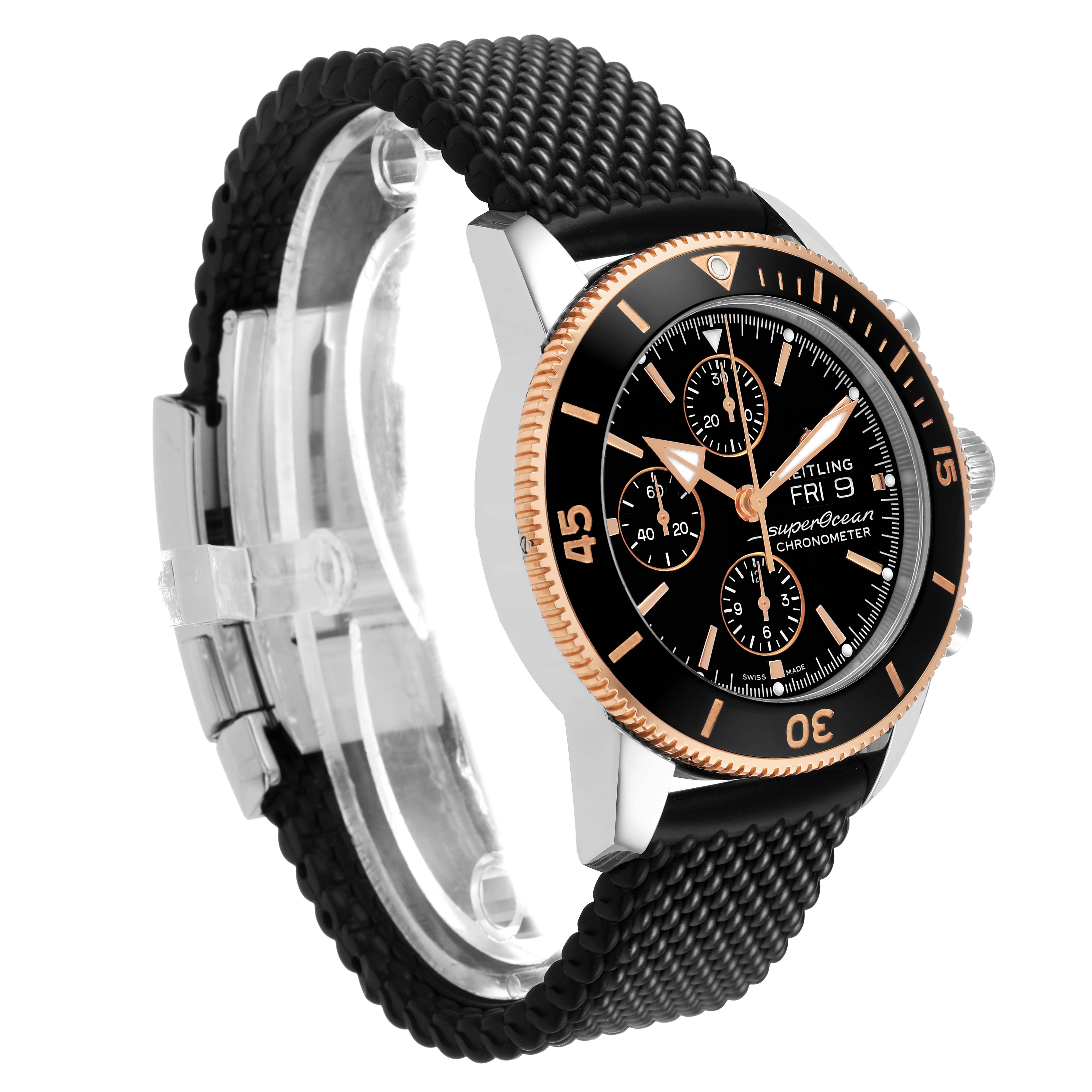 The Breitling Superocean U13313 Men's Stainless Steel Black Dial watch is shown at a three-quarter angle, highlighting the black dial, gold detailing, bezel, and braided strap.