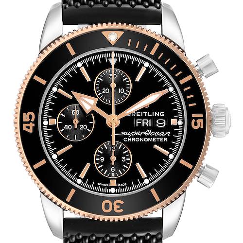 The Breitling Superocean U13313 Men's Stainless Steel Black Dial watch is shown from the front, highlighting the bezel, dial, subdials, crown, and pushers.