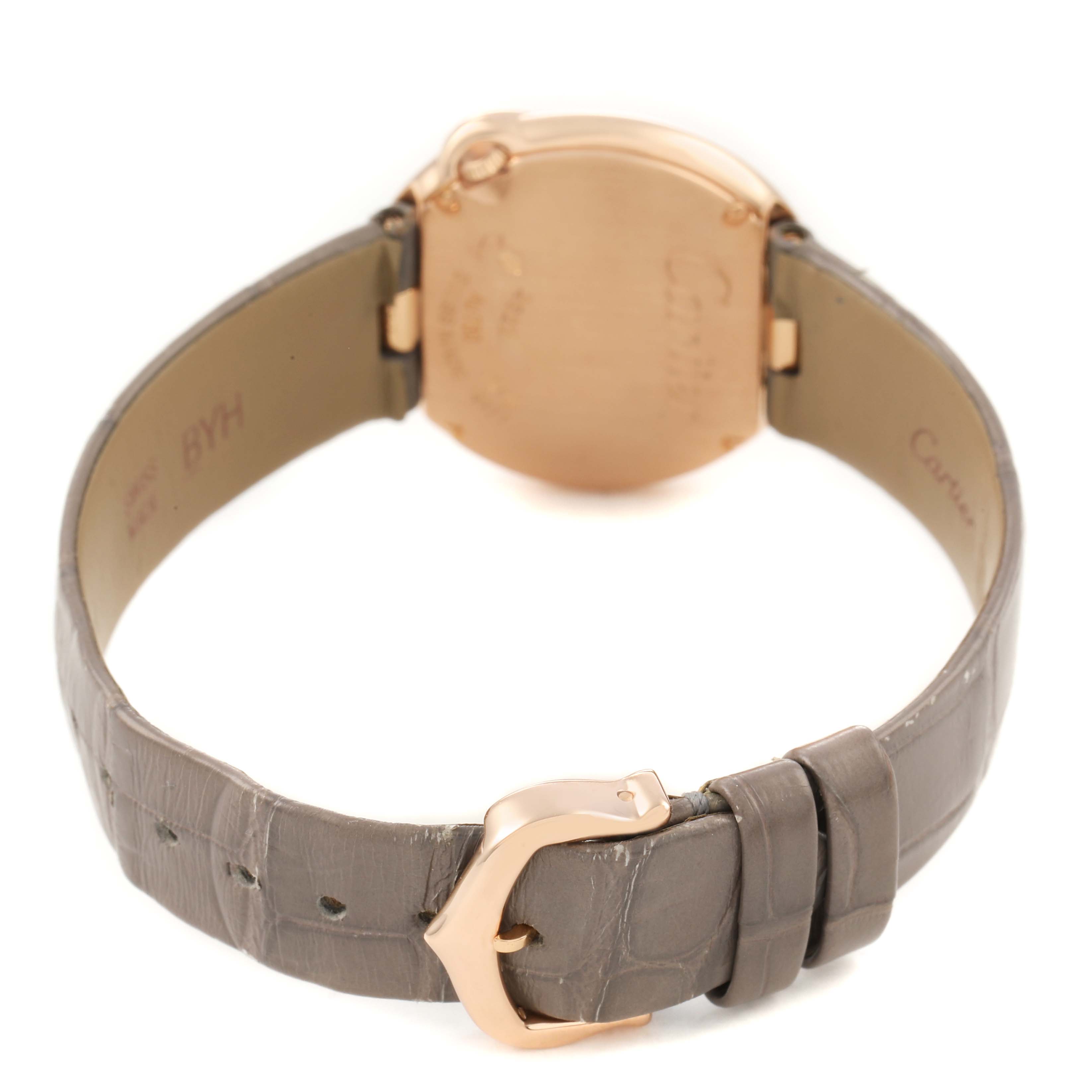 The image shows the back and clasp of the Cartier Ballon Blanc WJBL0012 Women's Rose Gold Silver Dial watch, highlighting the leather strap and buckle.