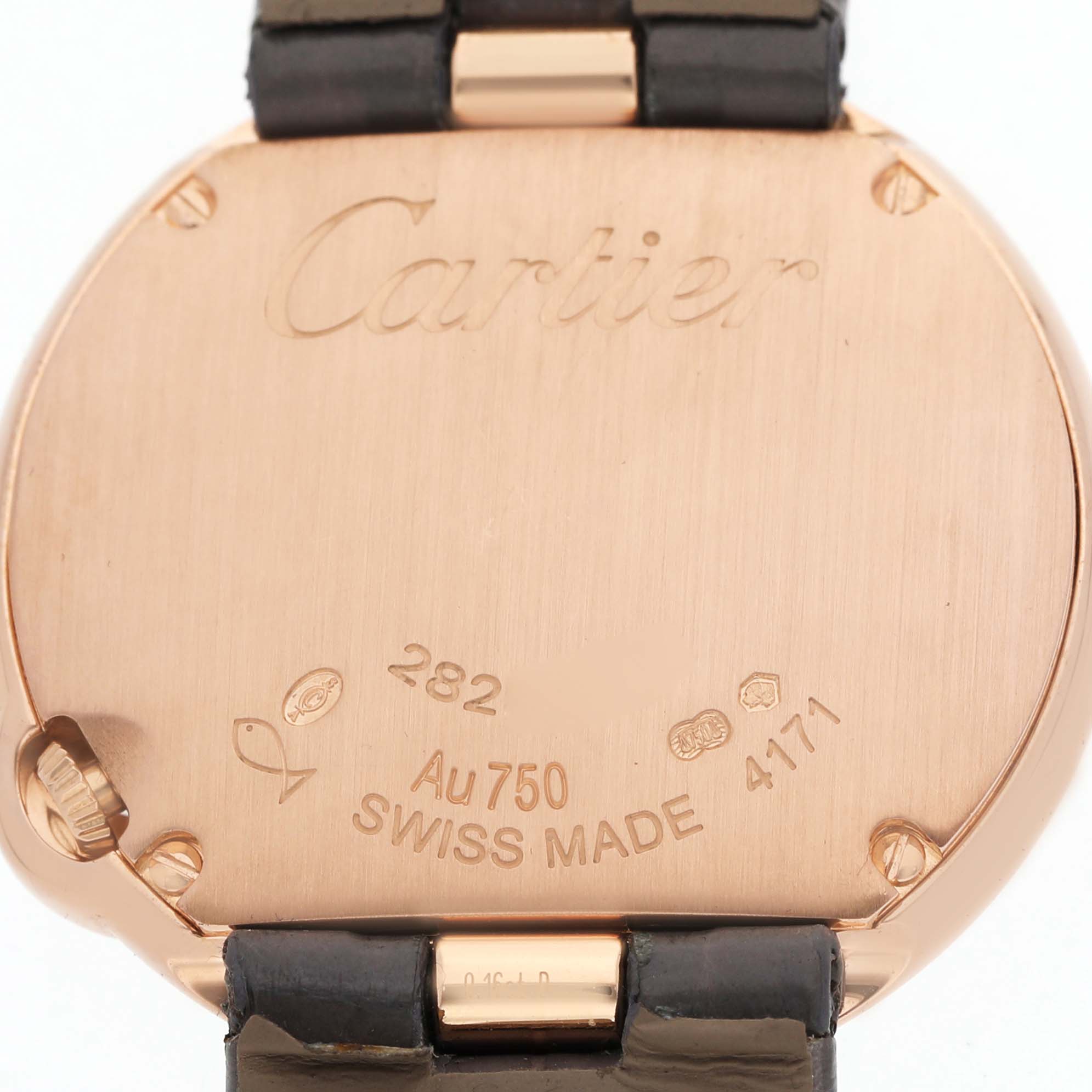 The image shows the back of a Cartier Ballon Blanc WJBL0012 Women's Rose Gold Silver Dial watch, displaying engravings and part of the strap.