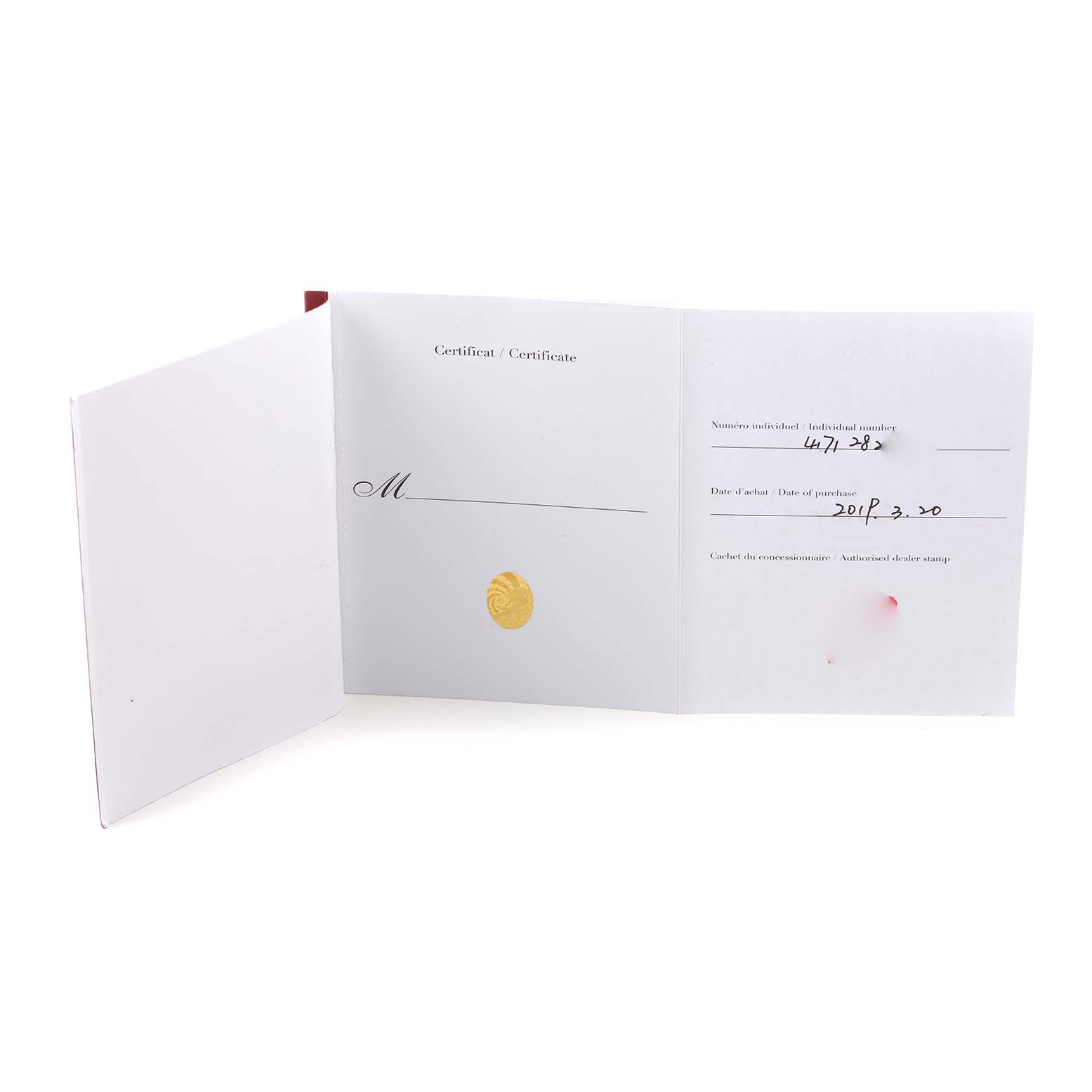 This image shows the certificate or paperwork for a Cartier Ballon Blanc WJBL0012 Women's Rose Gold Silver Dial watch, displayed open and partially filled out.
