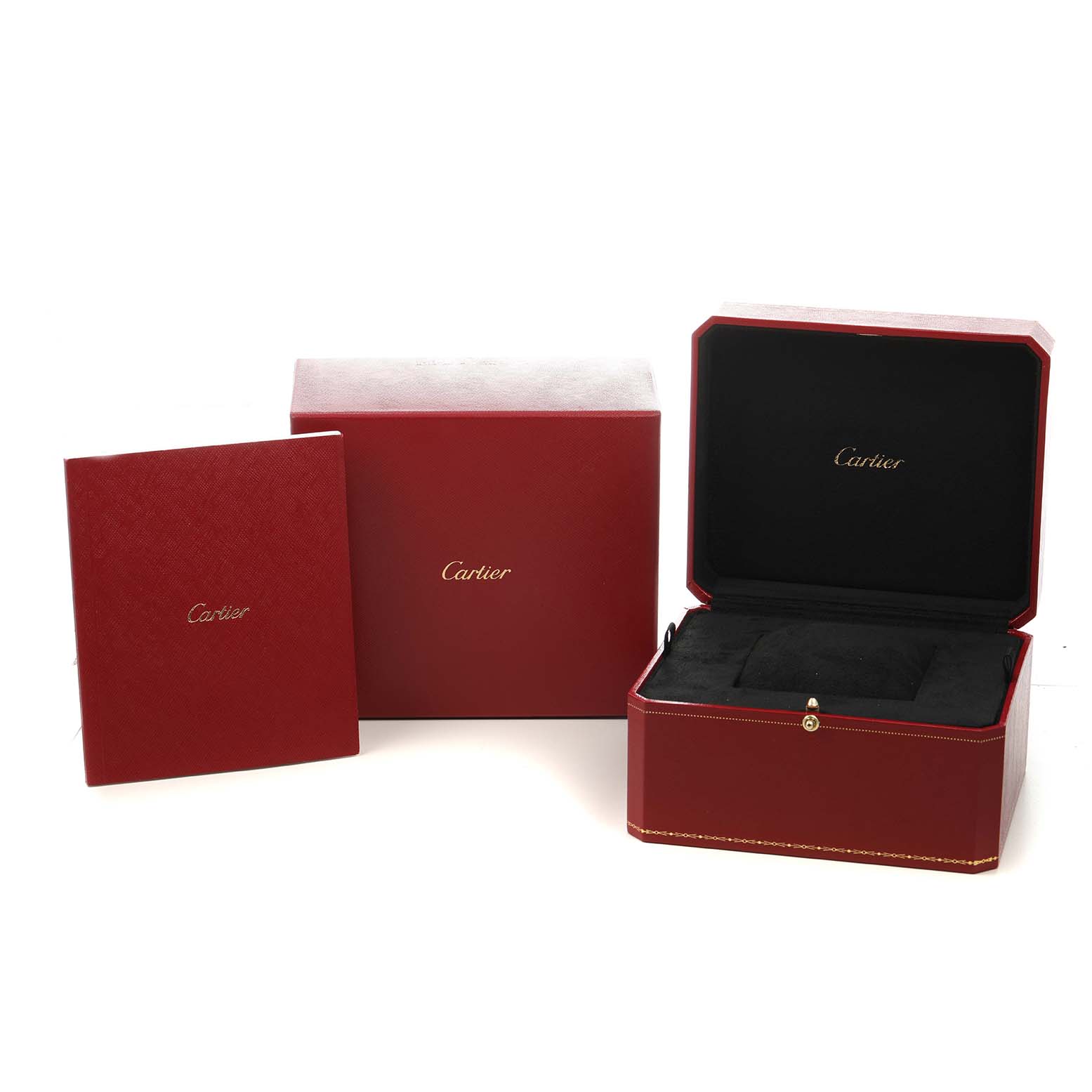 The image shows the packaging and inner box of the Cartier Ballon Blanc WJBL0012 Women's Rose Gold Silver Dial watch, including a red outer box and an open presentation case.