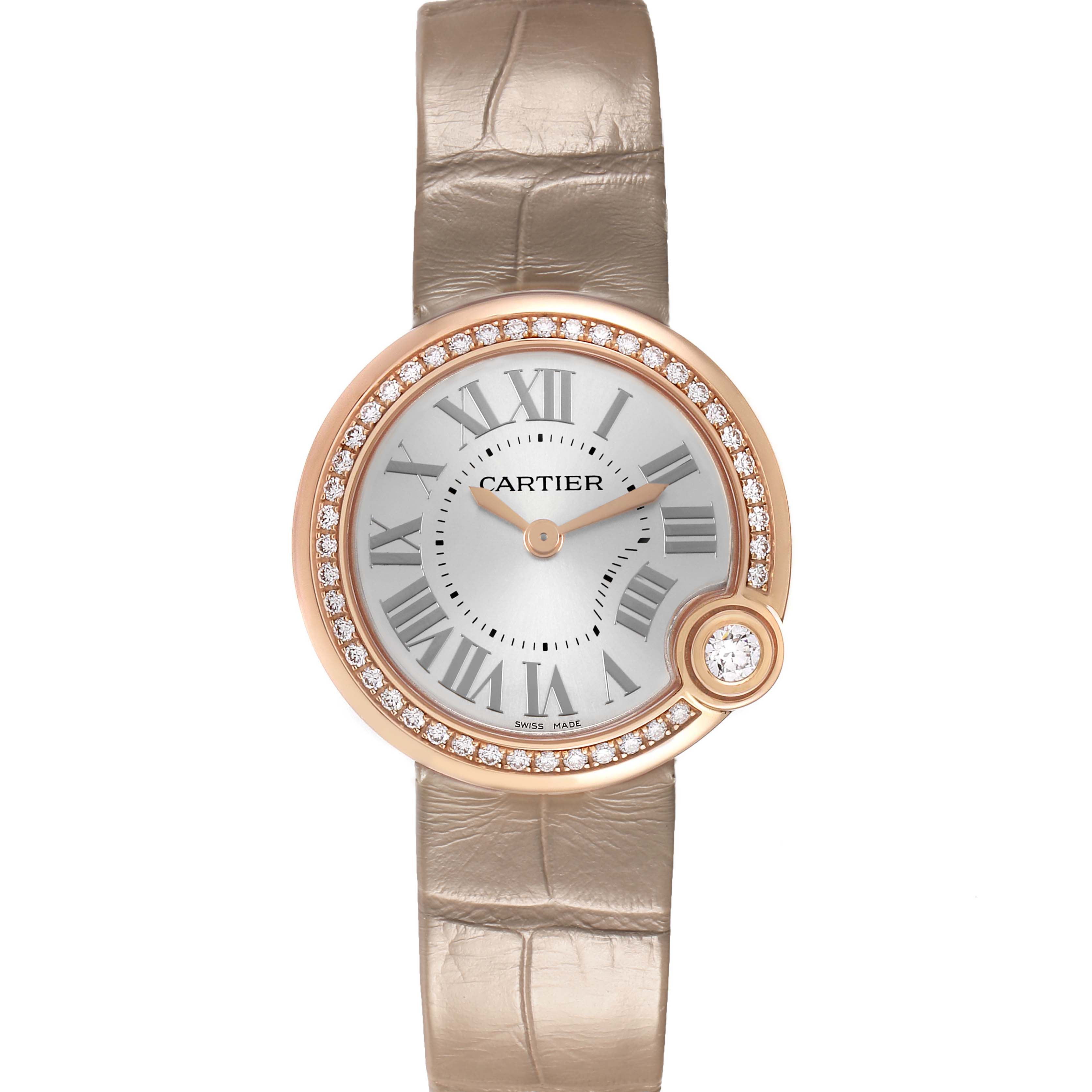 The Cartier Ballon Blanc WJBL0012 Women's Rose Gold Silver Dial watch is shown from the front, highlighting its round face, Roman numerals, and diamond bezel.
